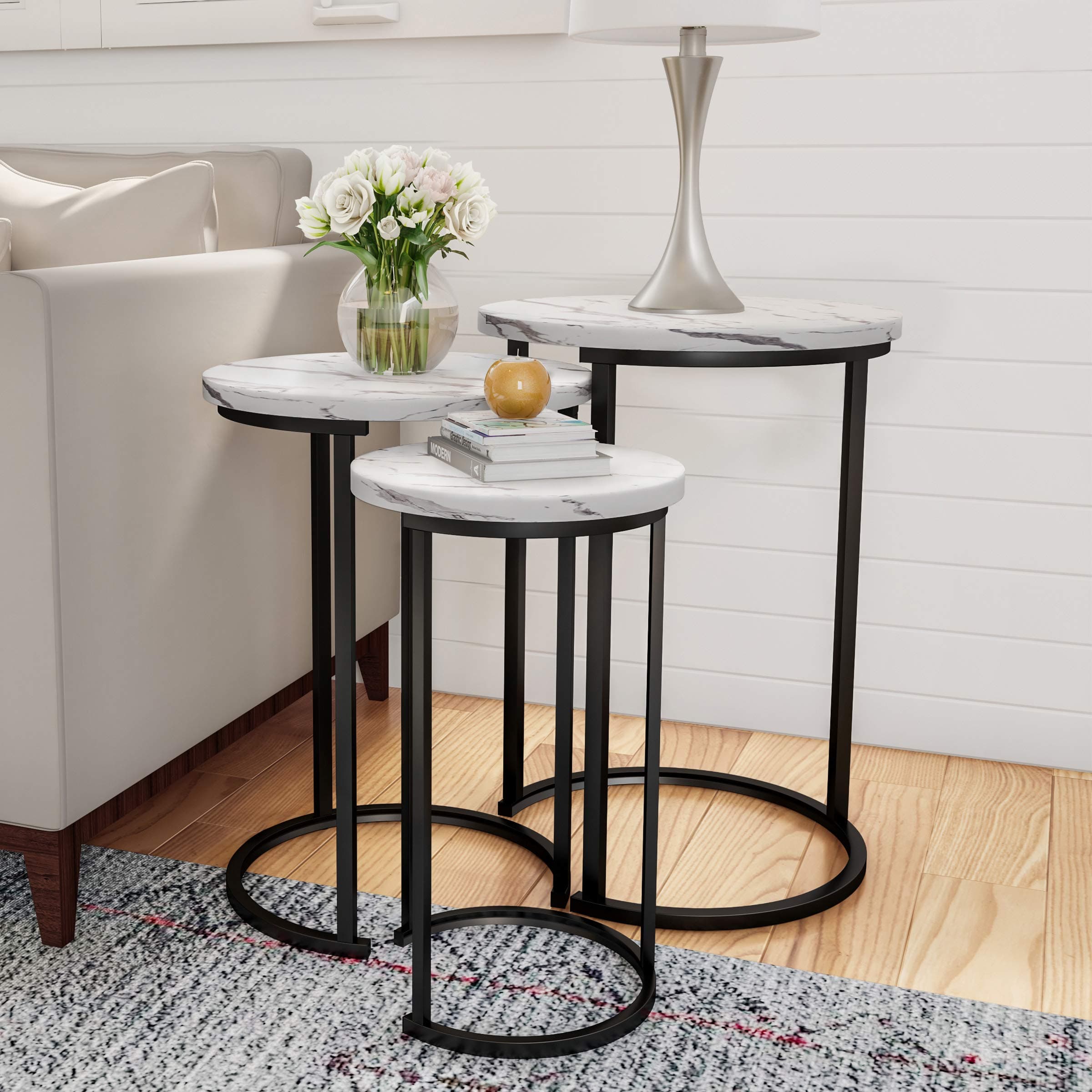 Round Nesting Tables, Largest (D) 17.75”x (H) 25”, White