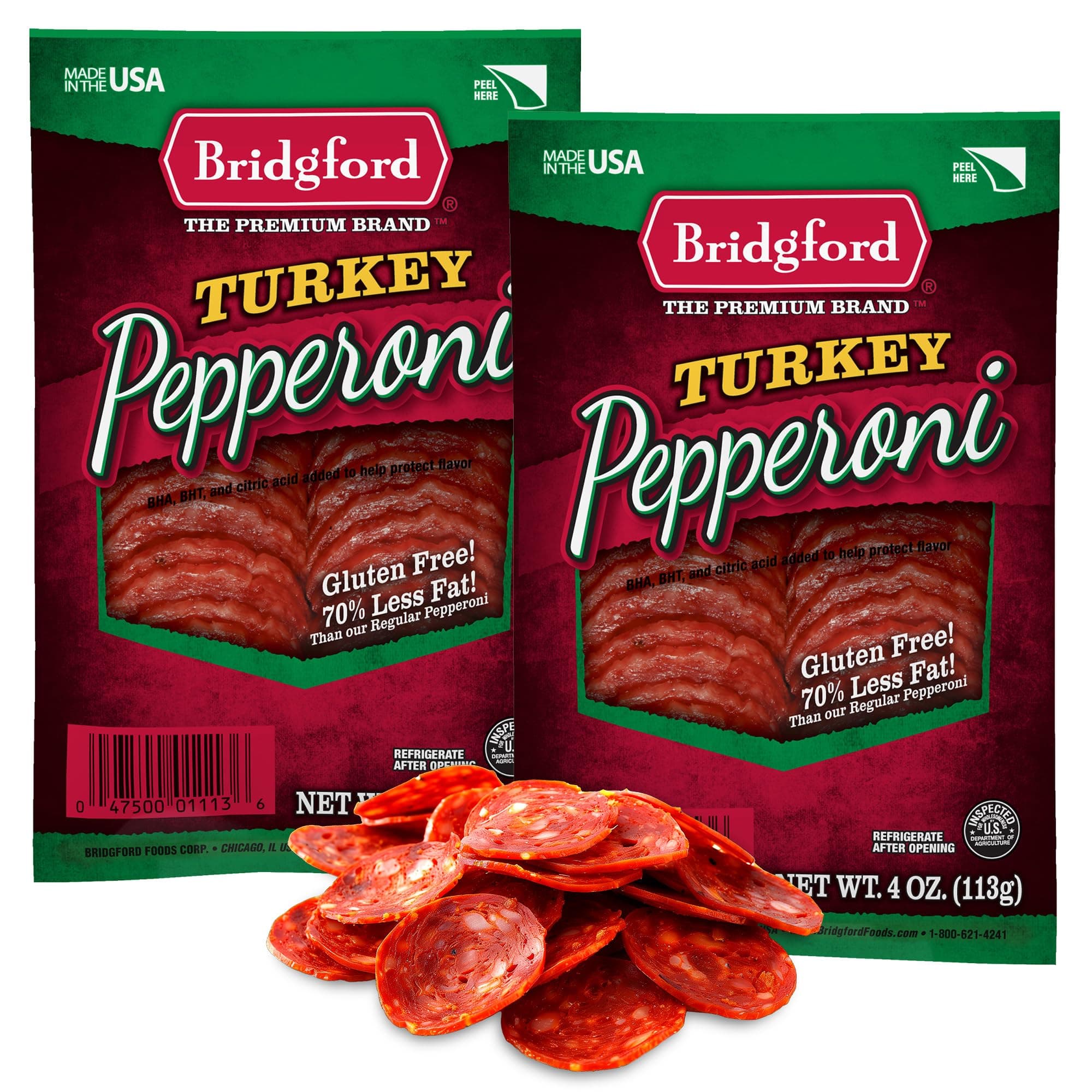 Bridgford Sliced Turkey Pepperoni 4 oz Pack of 2 - Pepperoni Slices for Pizza and Sandwiches - Naturally Smoked Healthy Snacks for Low-Carb Keto Diets - Ready-to-Eat Slices for On-The-Go Snacking