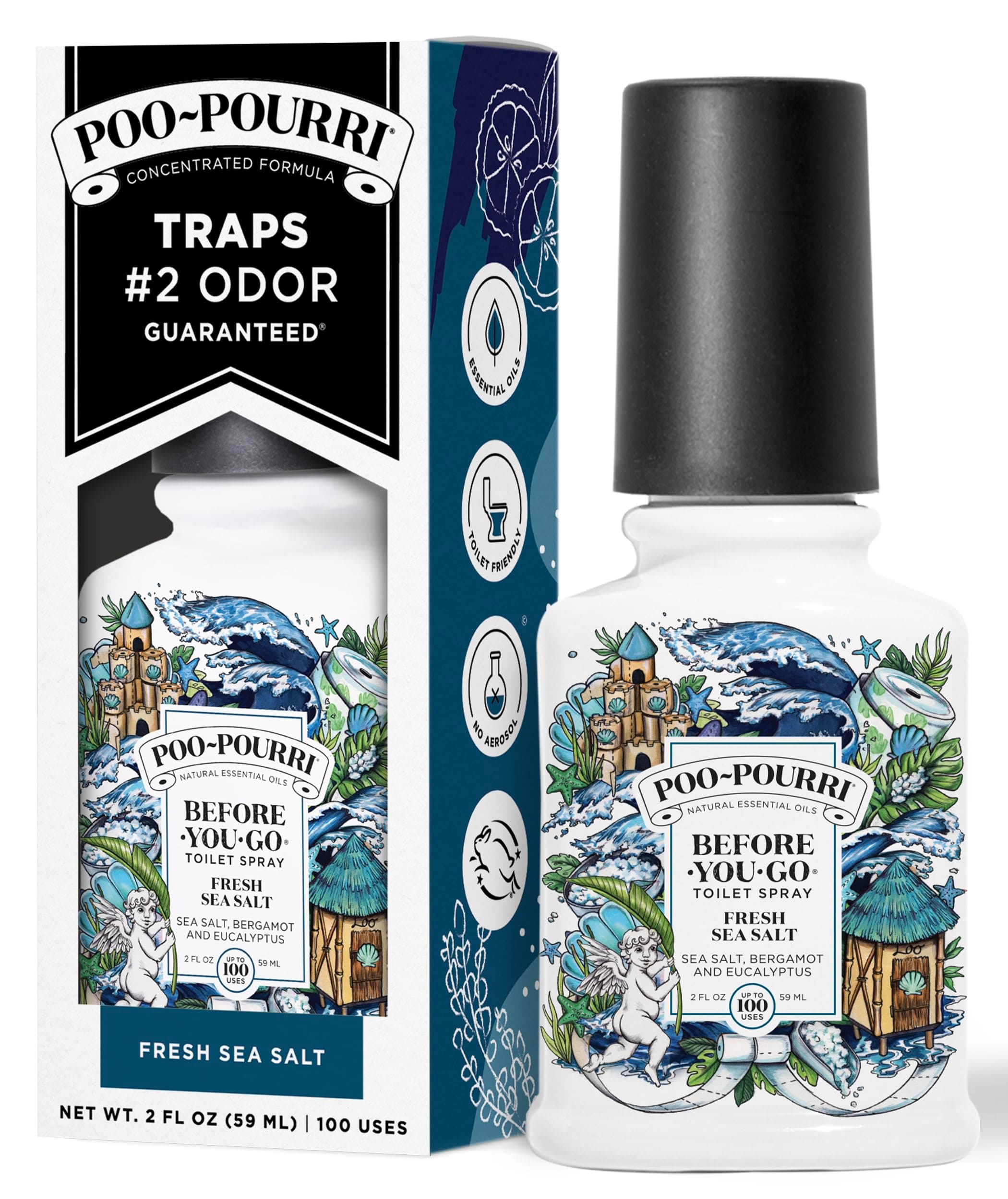 Poo-Pourri Before-You-Go Toilet Spray, Fresh Sea Salt, 2 Fl Oz, Up to 100 Uses, Bathroom Odor Deodorizer with Essential Oils for Home or Work, Travel Essentials, TSA Approved Size, Sea Salt Bergamot