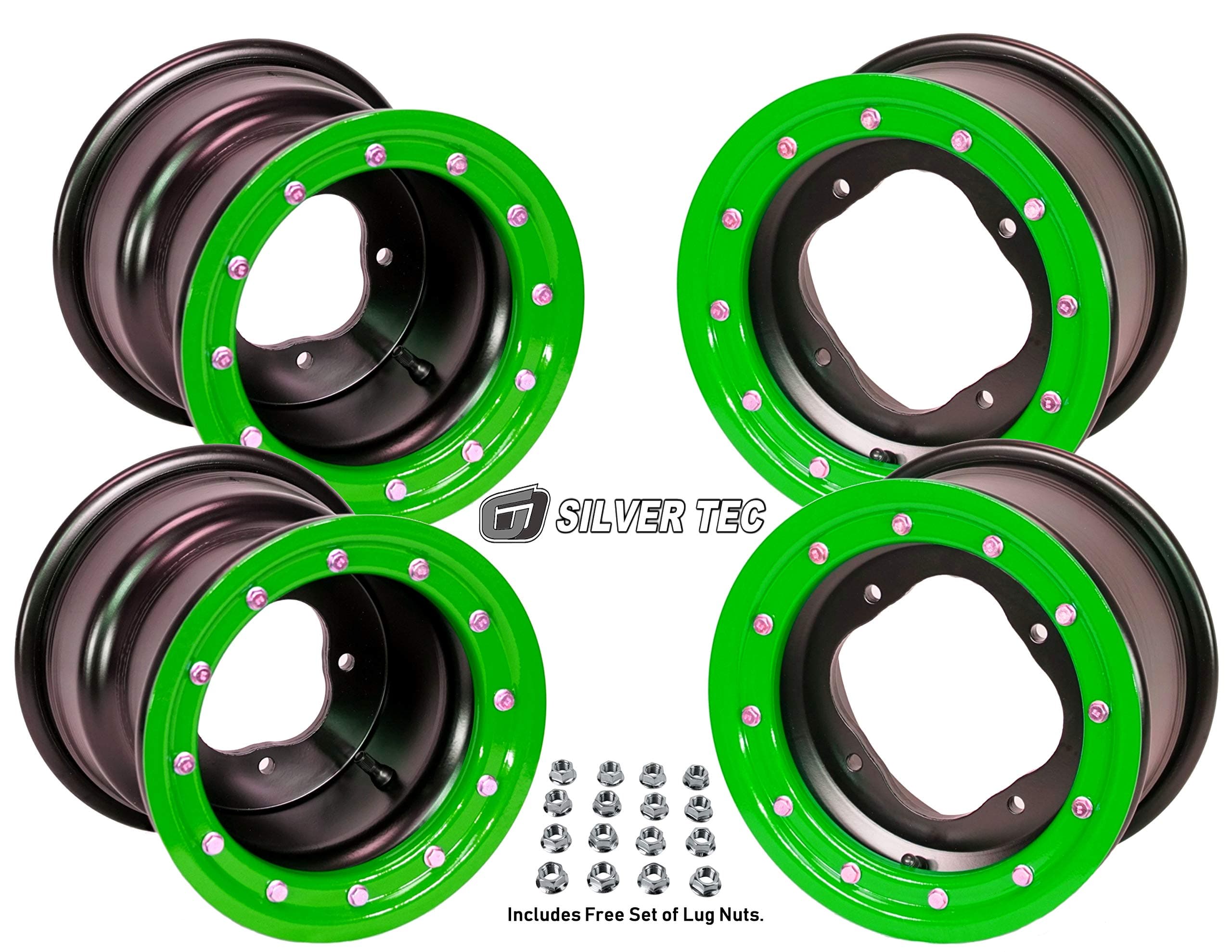 Full Set of 10x5 3+2 4x144 & 9x8 3+5 4x110 ATV Beadlock Rims for Honda TRX 450 (Green)