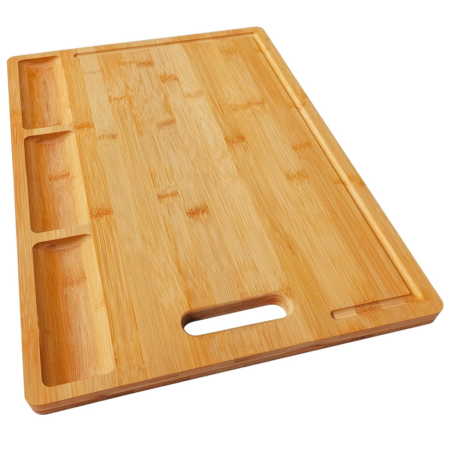 HHXRISE Large Bamboo Cutting Board (17 x 12.6 in) - All-in-One Meal Prep Station with 3 Built-in Compartments & Deep Juice Grooves, Reversible Wood Chopping Board for Meat, Veggies & Charcuterie Tray