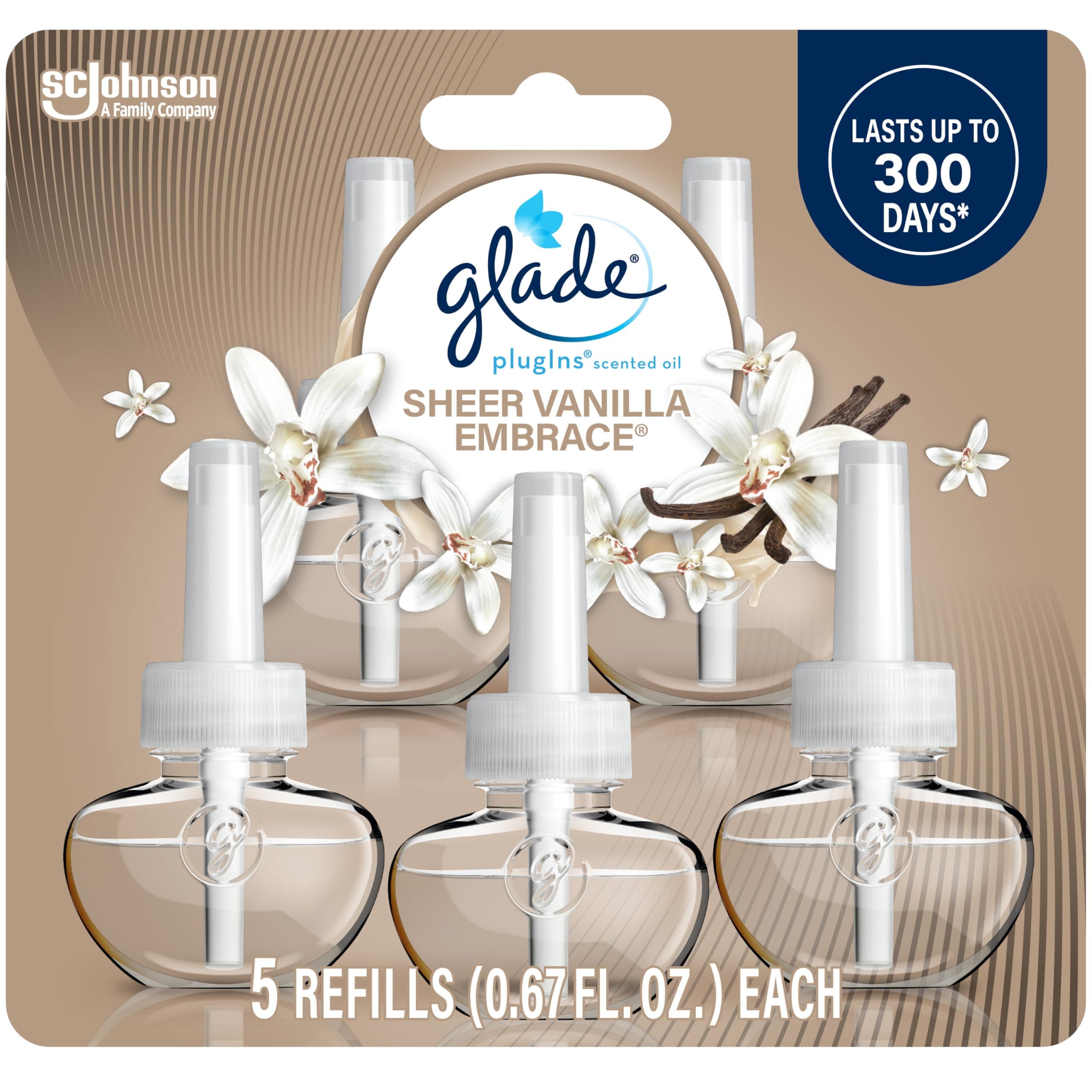 Glade PlugIns Refills Air Freshener, Scented and Essential Oils for Home and Bathroom, Sheer Vanilla Embrace, 3.35 Fl Oz, 5 Count