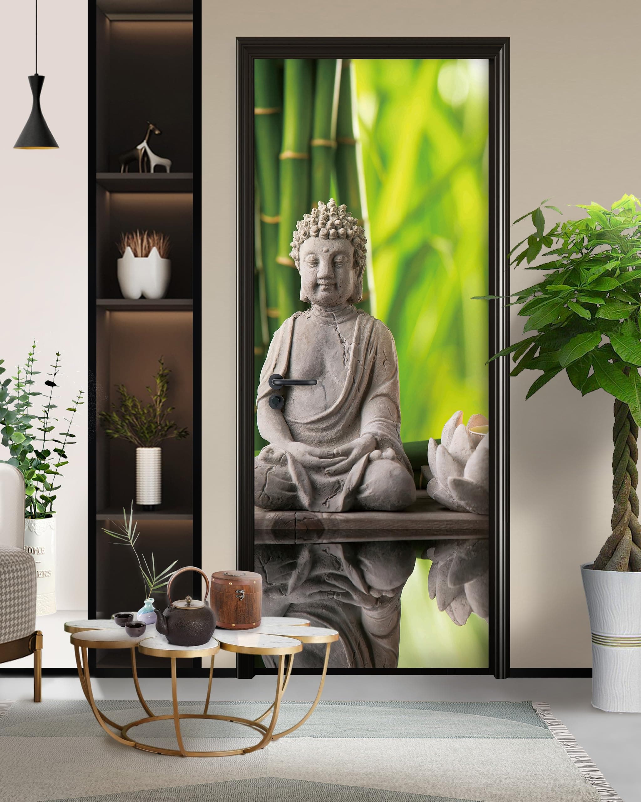 FLFK Door Mural Sticker - Buddha Statue Door Decal Wall Murals, Peel and Stick, Removable Self-Adhesive Door Wallpaper for Home Decor, Combined Size 30.3" W x 78.7" L, Split into 2 Pieces