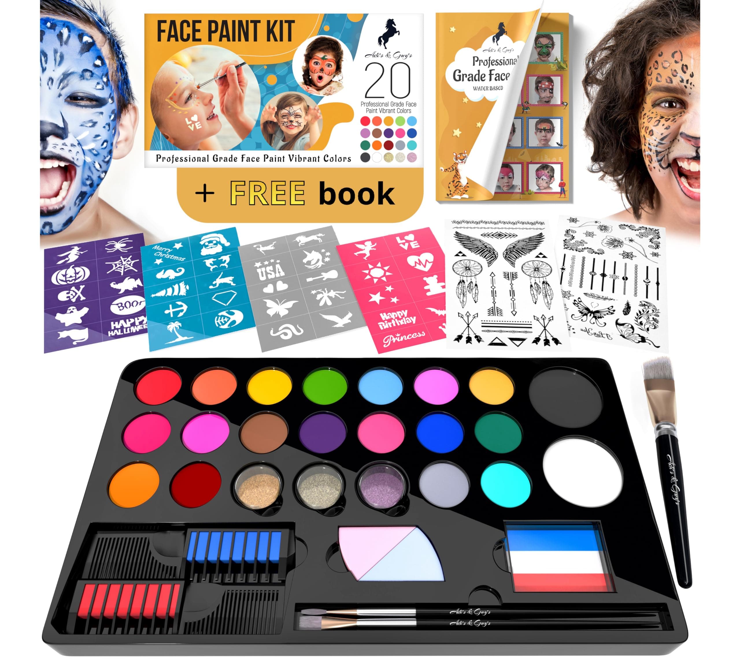 Face Paint Kit for Kids – 20 Washable Colors, Guaranteed Stain-Free, Paints 60+ Faces, Hair Chalk, Glitter, Brushes, Stencils, Non-Toxic, Perfect for Birthdays, Halloween, Parties