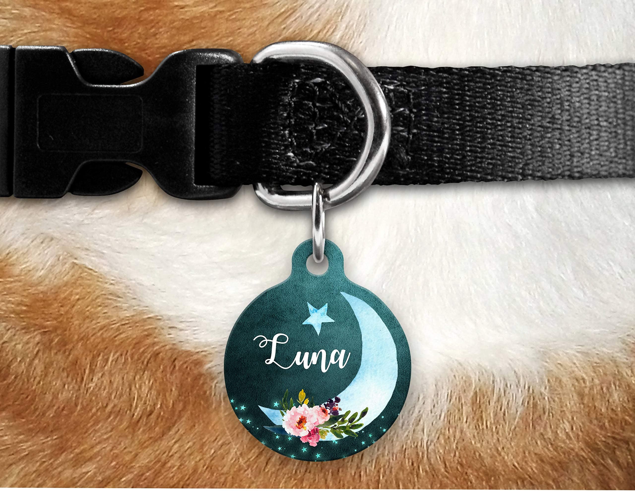 Moon Pet Tag, Girly Pet Tag, Dog Tag for Dogs, Personalized Pet ID Tag, Round Pet Tag, Luna Customized Name Pet Tag, Dog Tag, Custom Dog Tag