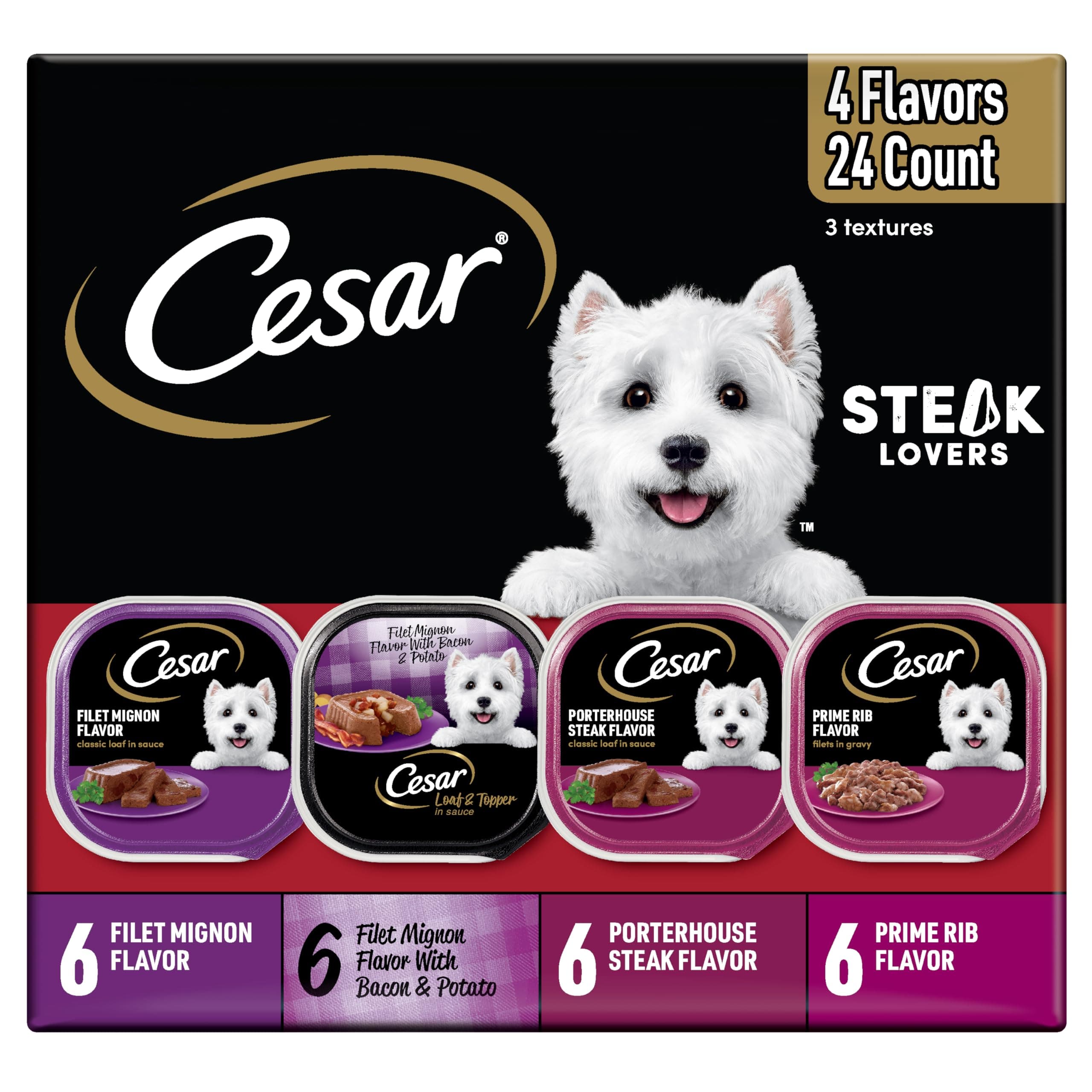 - Wet Dog Food Steak Lovers Variety Pack, Adult, Wet Food for Dogs with Real Meat, 3.5 oz Easy Peel Trays, 24 Count