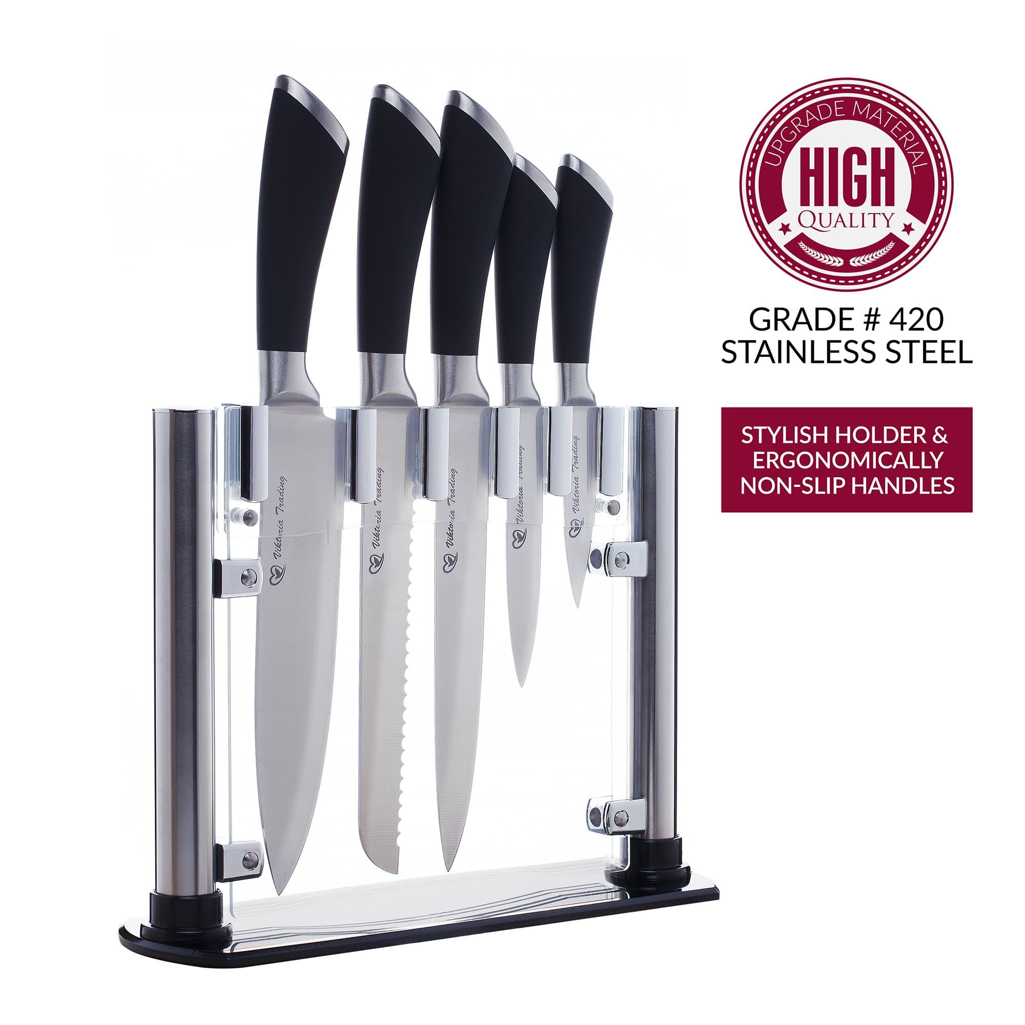 Kitchen Knife Set with Knife Block - Ultra Sharp Chef Knife Set - Premium Quality Cooking Knives with Ergonomic Rubber Handles - Stainless Steel 6 Piece Cutlery Knife Set with Stylized Acrylic Stand