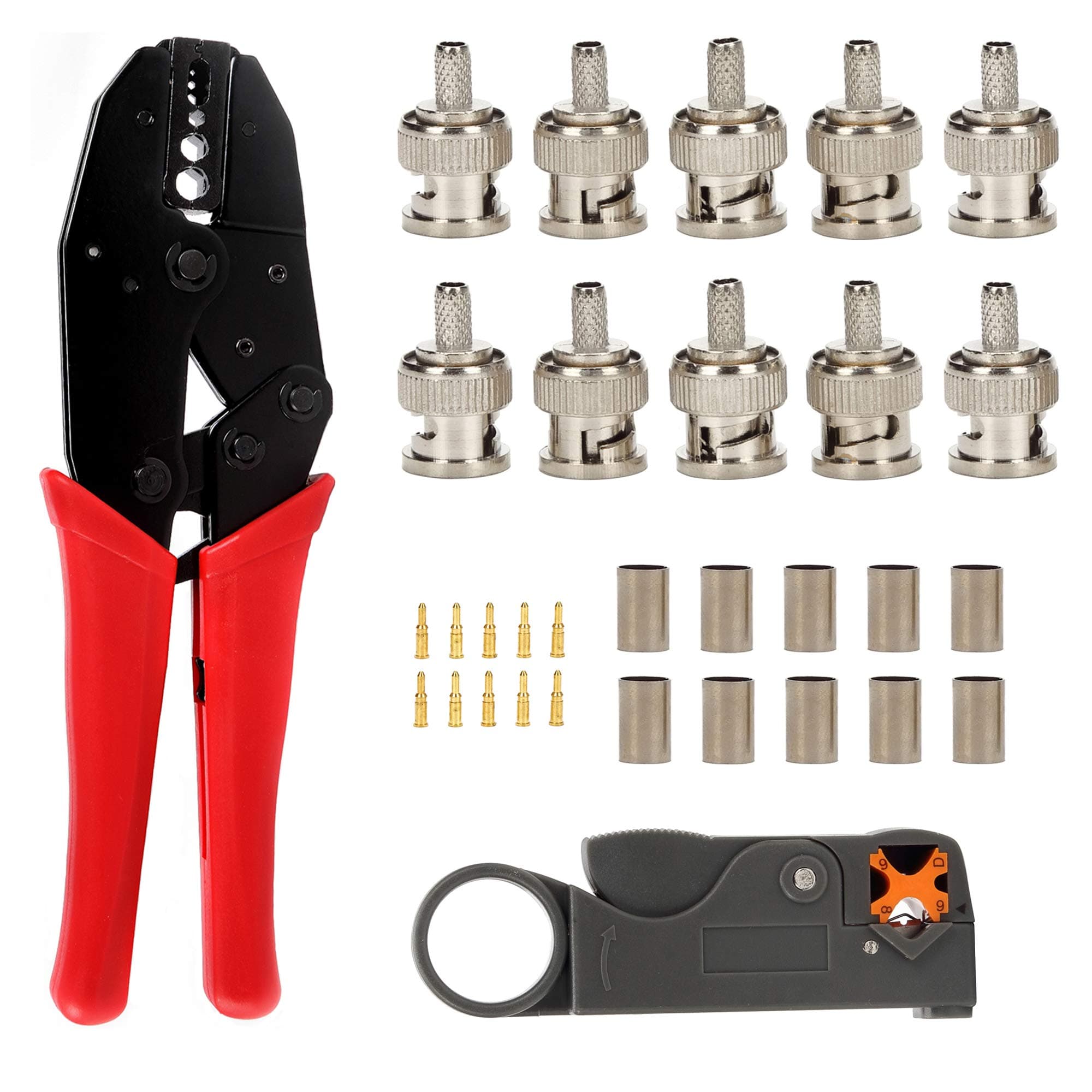 TLS.eagle BNC RG58 Plug Crimp Connector and Striping Crimp Tool for RG58/RG59/RG6 10 Pack Red