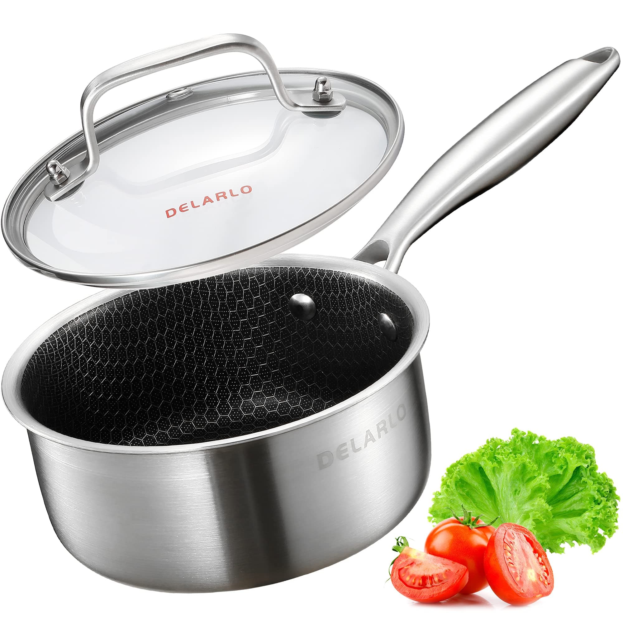 DELARLO Tri-Ply Stainless Steel Anti-Scratch Semi-Nonstick Honeycomb Saucepan with Tempered Glass Lid, Ergonomic Handle and Hexagonal Design for Multi-purpose uses (1.5-QT) (2.5 QT)