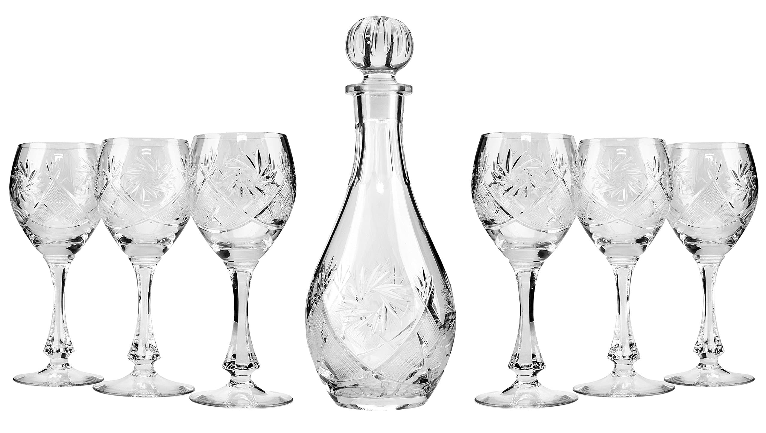 Set of 25 Oz. Crystal Decanter with Stopper and Six 10 Oz. Wine Glasses, Classic Vintage Wine Whisky Carafe and Red/White Wine Glasses, Wedding Gift Drinkware, 1+6-Piece Set