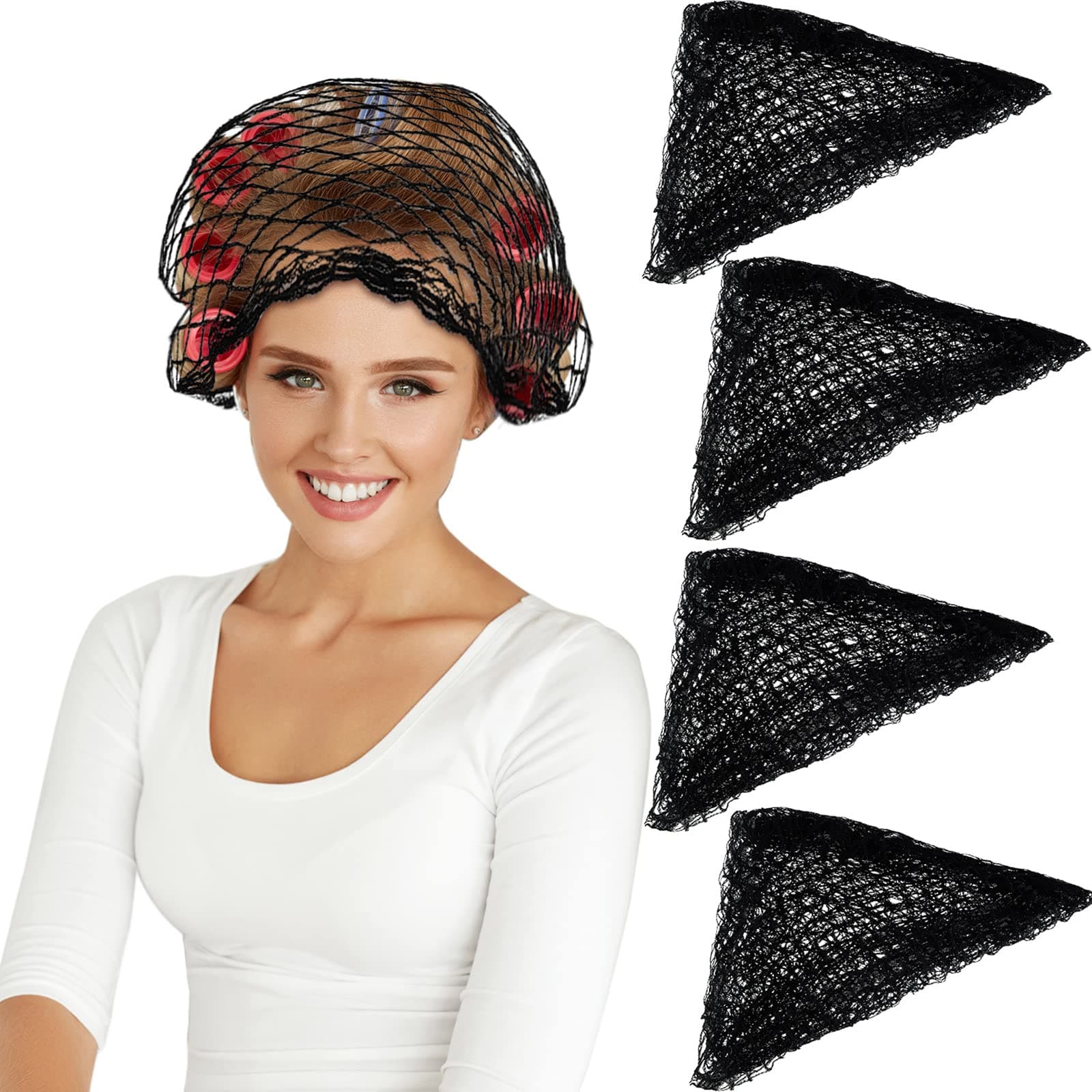 WILLBOND 4 Pcs Cotton Triangle Hair Net for Rollers, Women Mesh Hair Net Setting for Sleeping, 35 x 35 x 57 Inches, Black