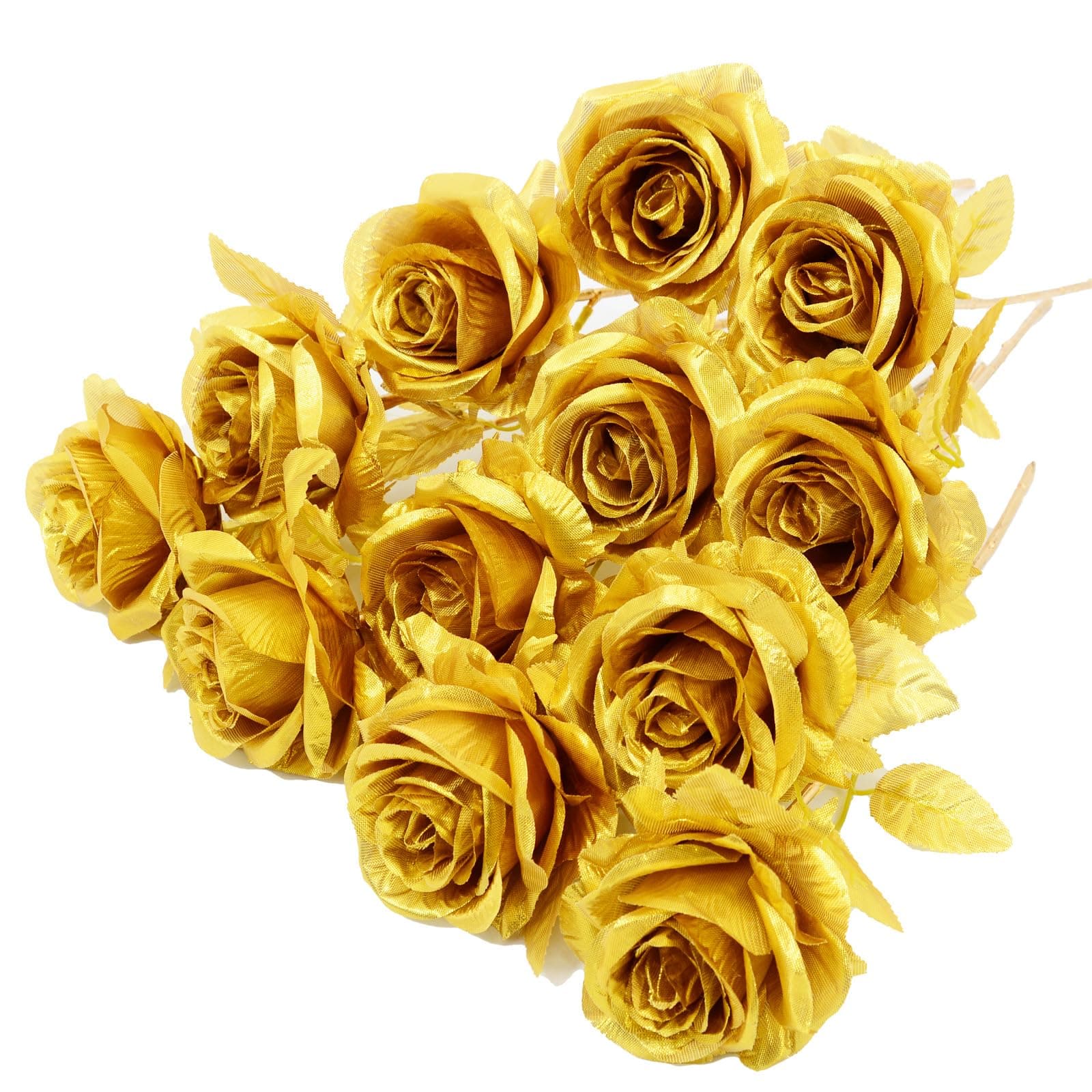 Eternal Blossom 12PCS Artificial Gold Roses Flowers,Single Fake Silk Rose Flower with Short Stem Suitable for Family Wedding Party Decoration