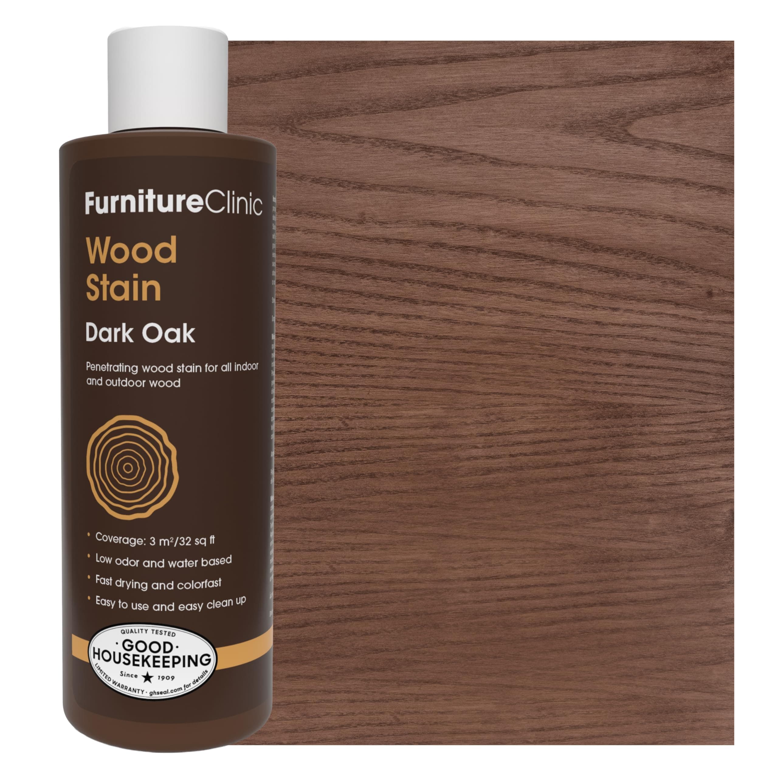 Furniture Clinic Wood Stain | Dark Oak | Water Based | Quick Drying, Low Odor & Non-Toxic | For Indoor & Outdoor Furniture | Multiple Finishes | (8.5oz/250ml)