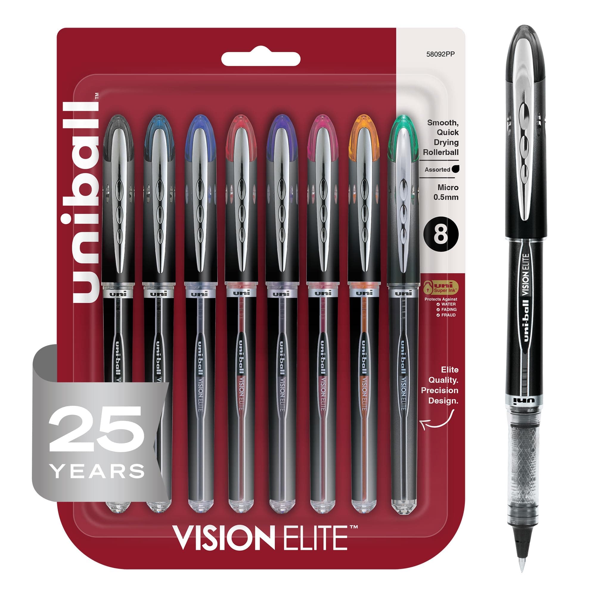 Vision Elite Rollerball Pens, Micro Point (0.5mm), Assorted Colors, 8 Count