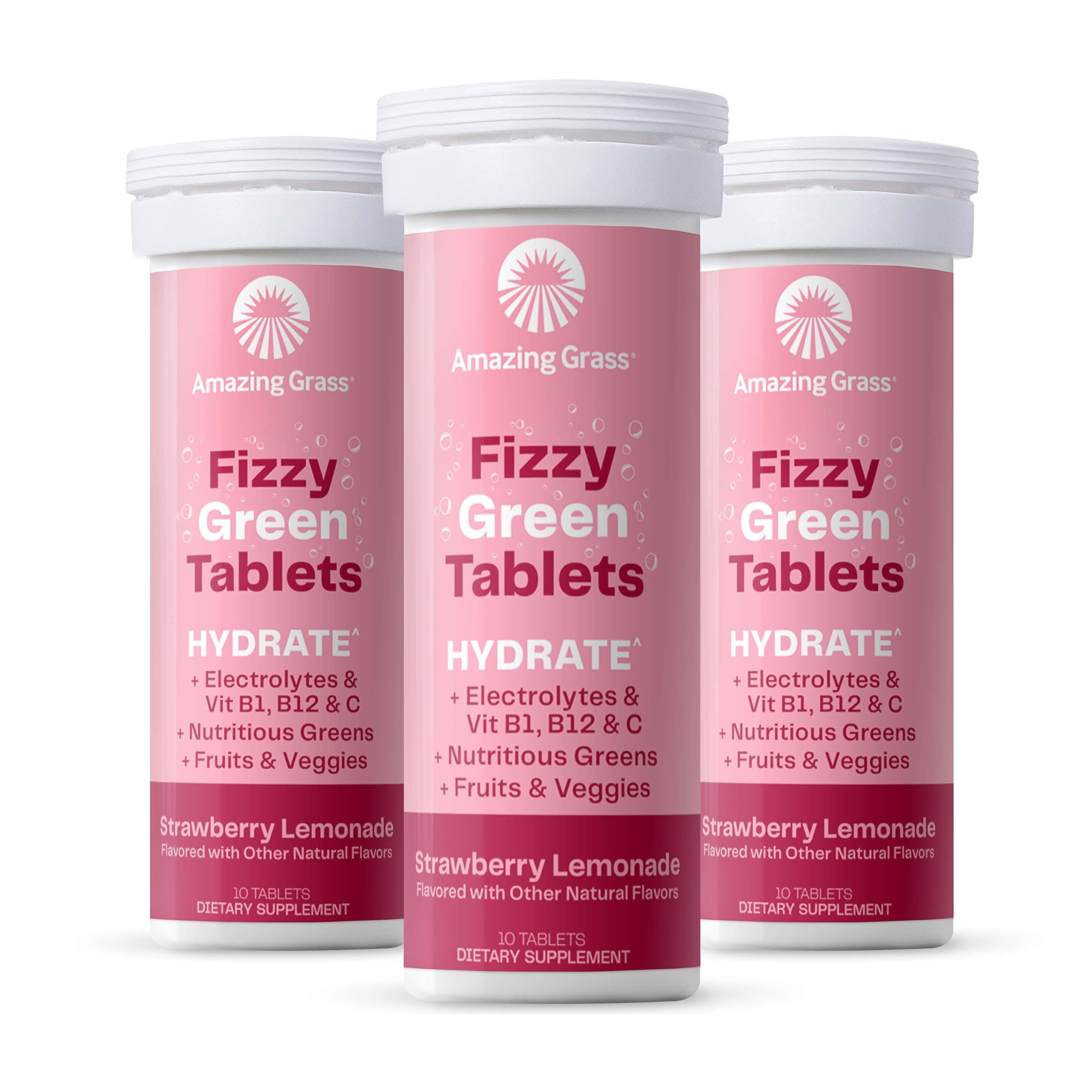 Amazing GrassElectrolyte Tablets, Fizzy Greens Water Flavoring Tablet with Vitamins, Hydrate Strawberry Lemonade, 10 Count (Pack of 3)
