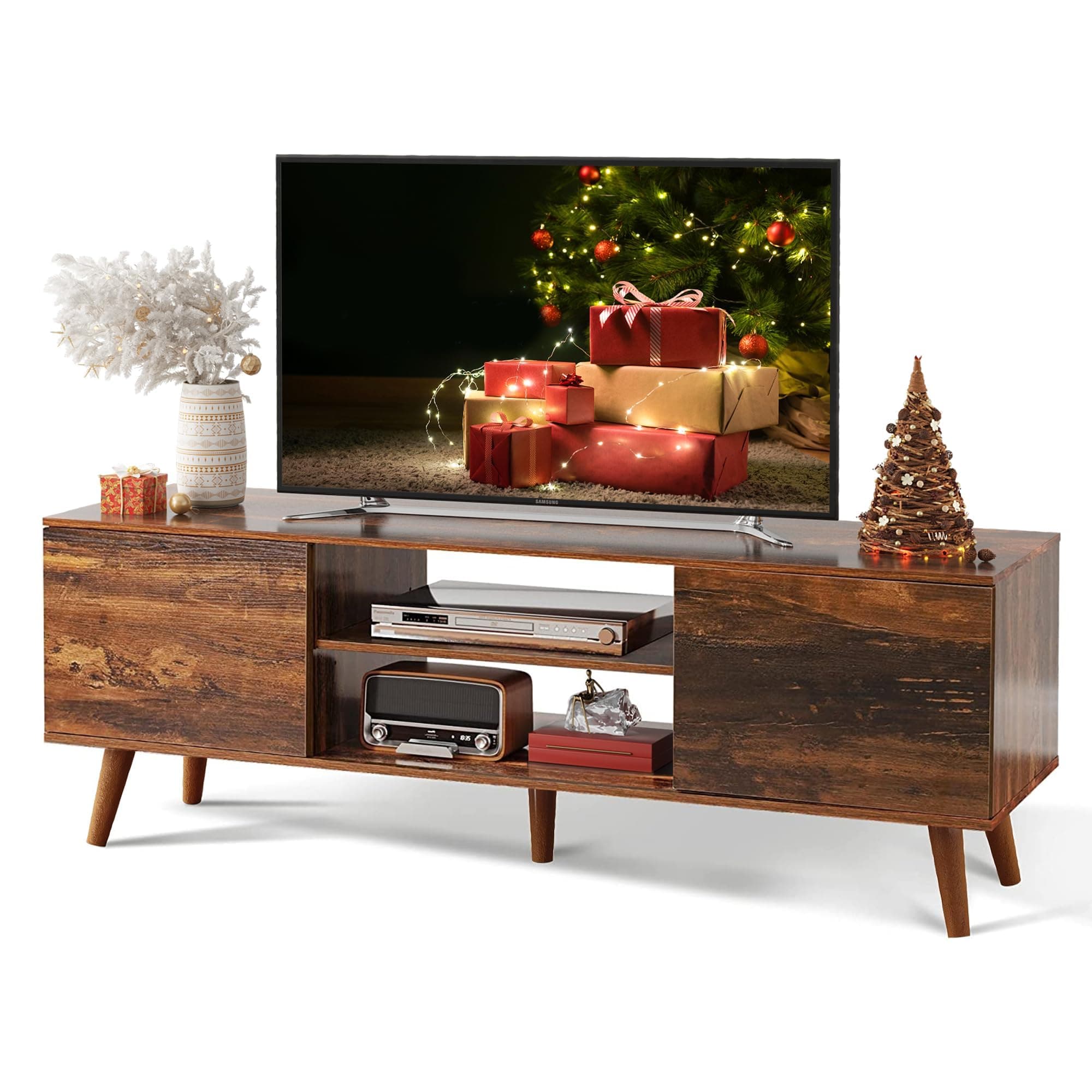 WLIVE TV Stand for 55 inch TV, Wood TV Stands for Living Room, Mid Century Modern TV Console, Entertainment Center with Storage Cabinet, Media TV Cabinet, Retro Brown