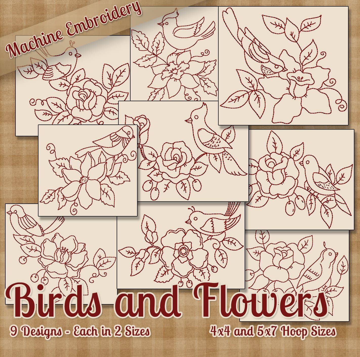 Birds and Flowers Redwork Embroidery Machine Designs on CD - 9 Lovely Detailed Patterns - 2 Sizes Each - PES JEF EXP XXX VIP HUS DST