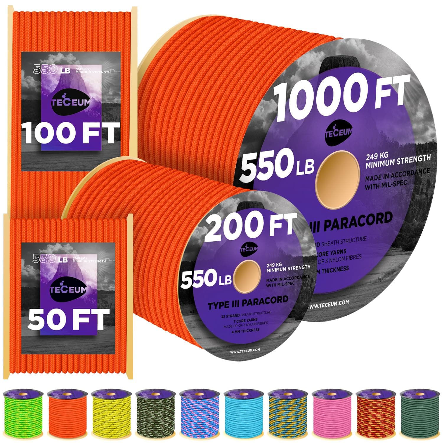 TECEUM Paracord VR2 550 Orange 100 ft DIY Projects nw