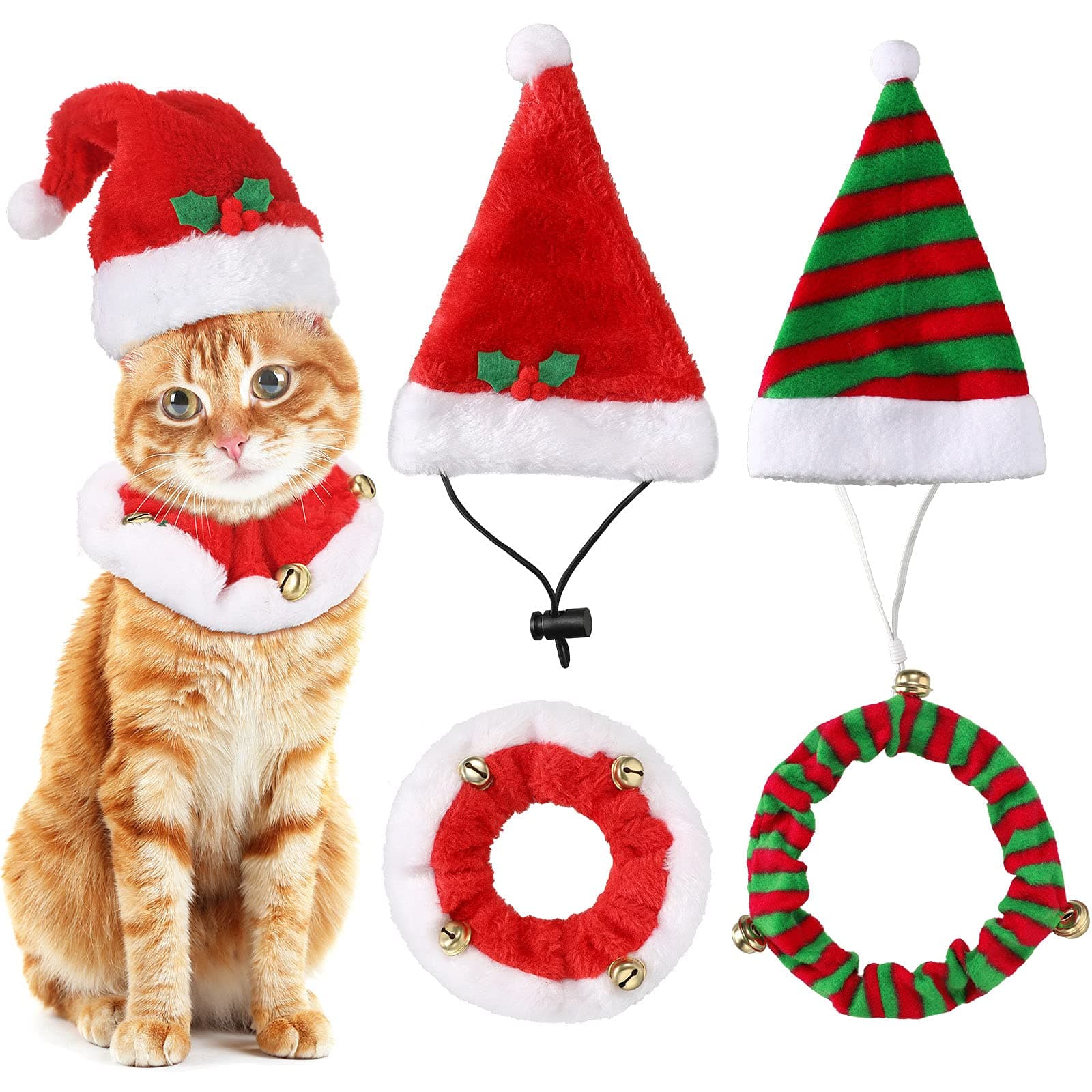 Xuniea 2 Sets Christmas Cat Costumes Pet Santa Hats and Collars with Bells Cat Xmas Dress up Costume Christmas Hats Costume for Cats Small Dogs