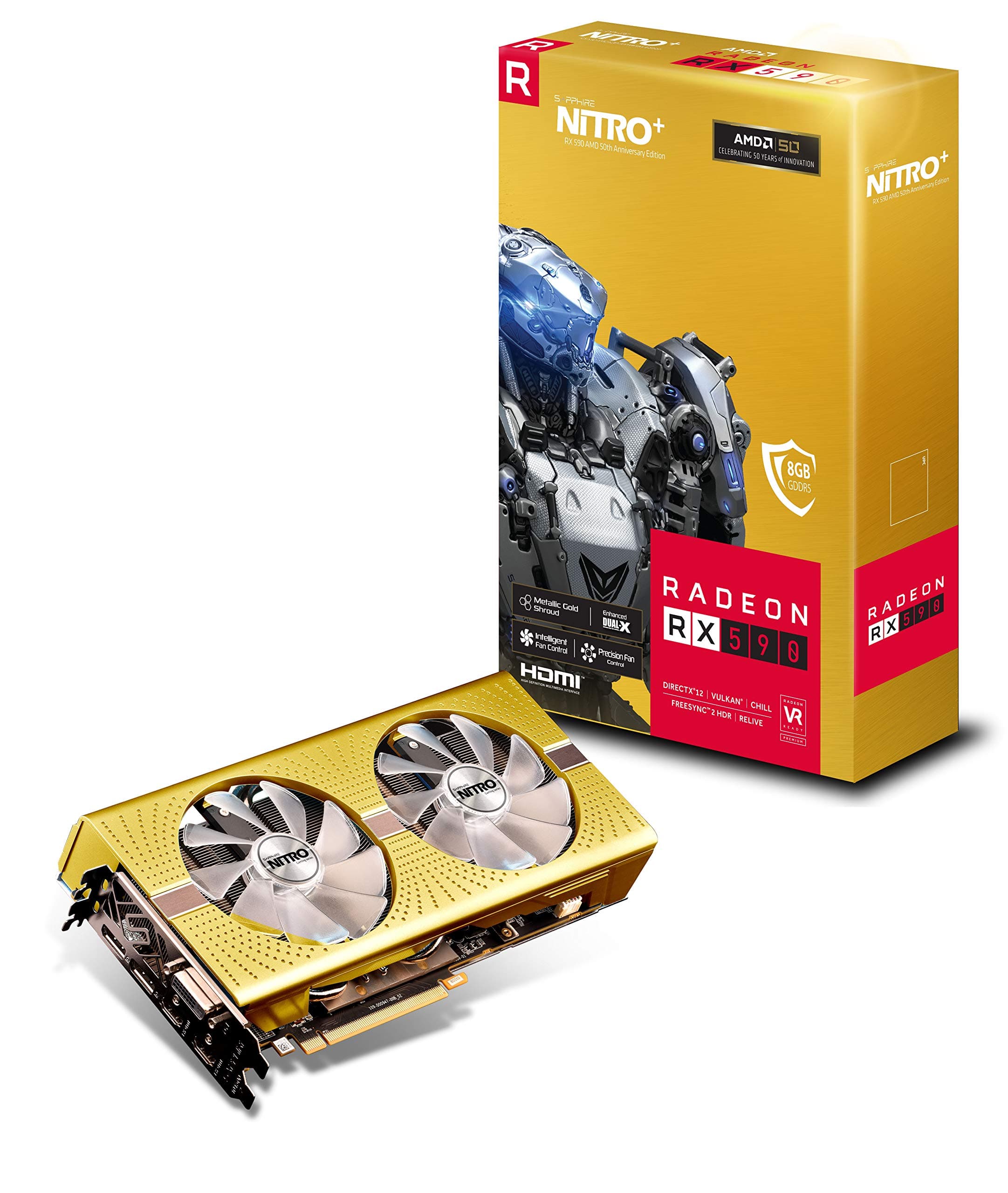 Sapphire Radeon NITRO+ Rx 590 8GB GDDR5 Dual HDMI/ DVI-D/ Dual DP OC w/ Backplate AMD 50th ANNIVERSARY Edition (UEFI) PCI-E Graphic Cards