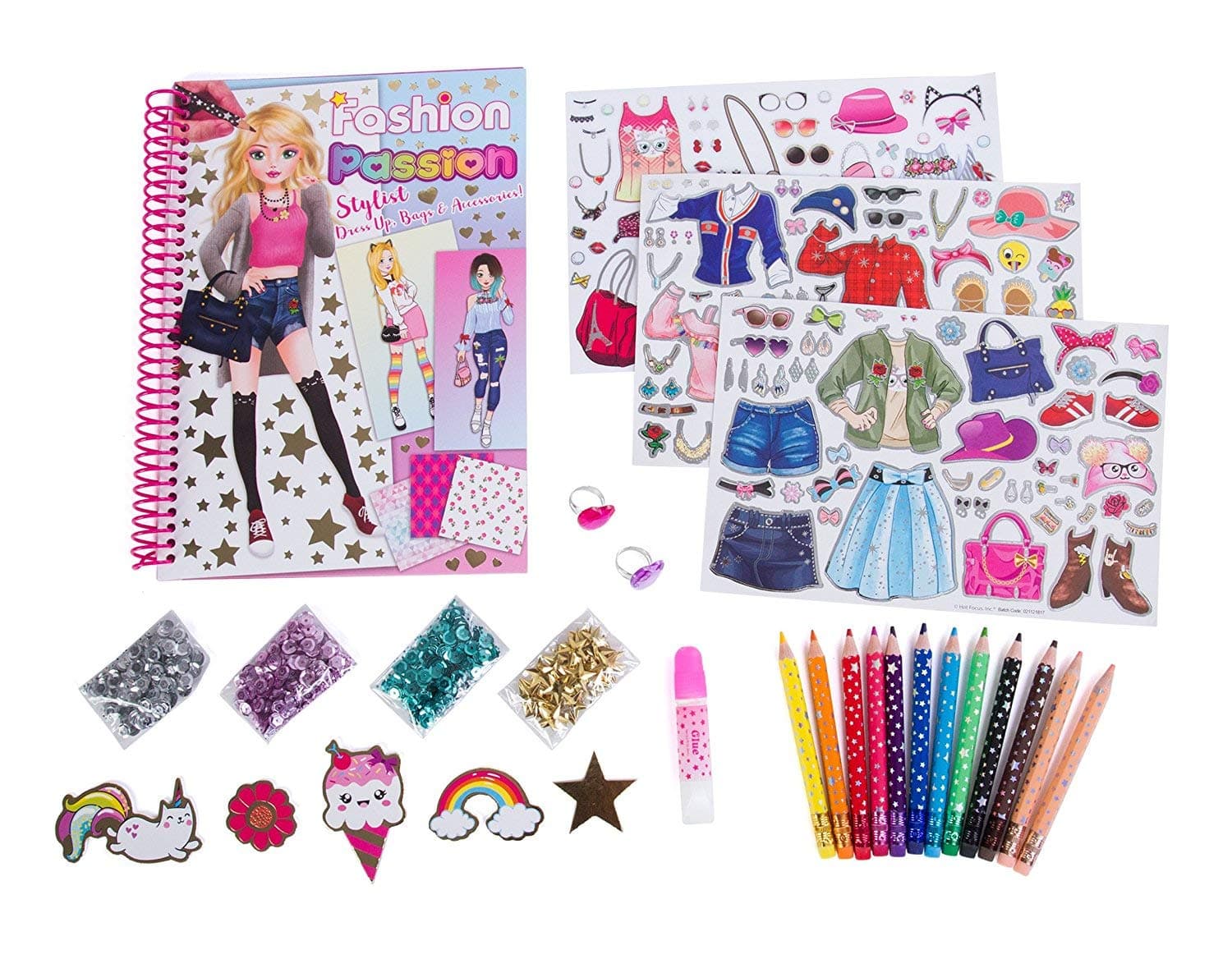 Hot Focus 331ATE Fashion Stylist Kit; Fashion Design Sketchbook with 12 Erasable Colored Pencils, 4 Bags of Sequins, Stickers, Glue and 2 Bonus Adjustable Heart Jewel Rings