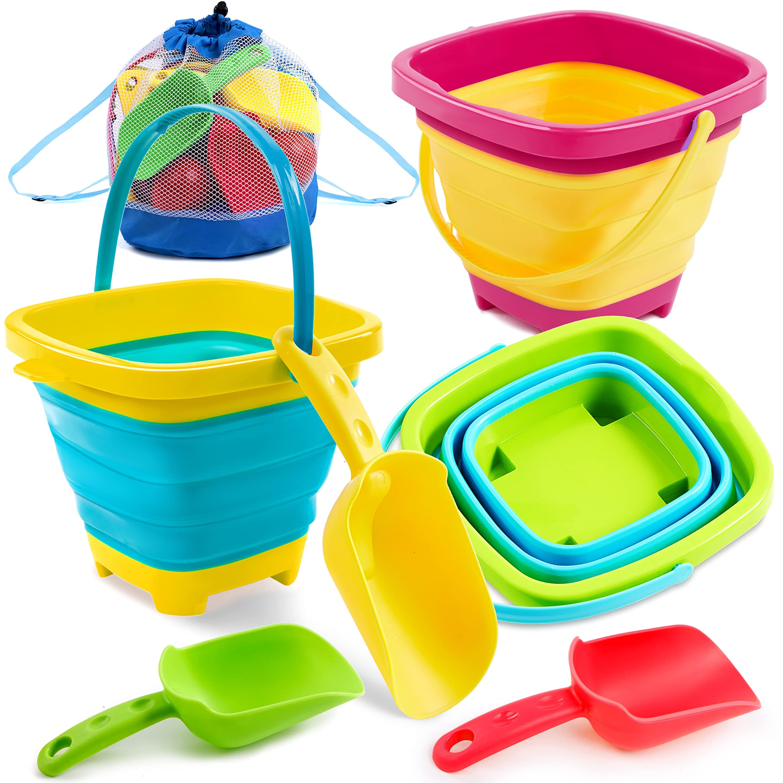 Sloosh 3 PCS Foldable Buckets with 3 Shovels Sand Water Bucket Sandbox Square Party in Summer Foldable Pail Silicone Collapsible Bucket Kids Beach Toys Travel (Yellow/Blue/Green)