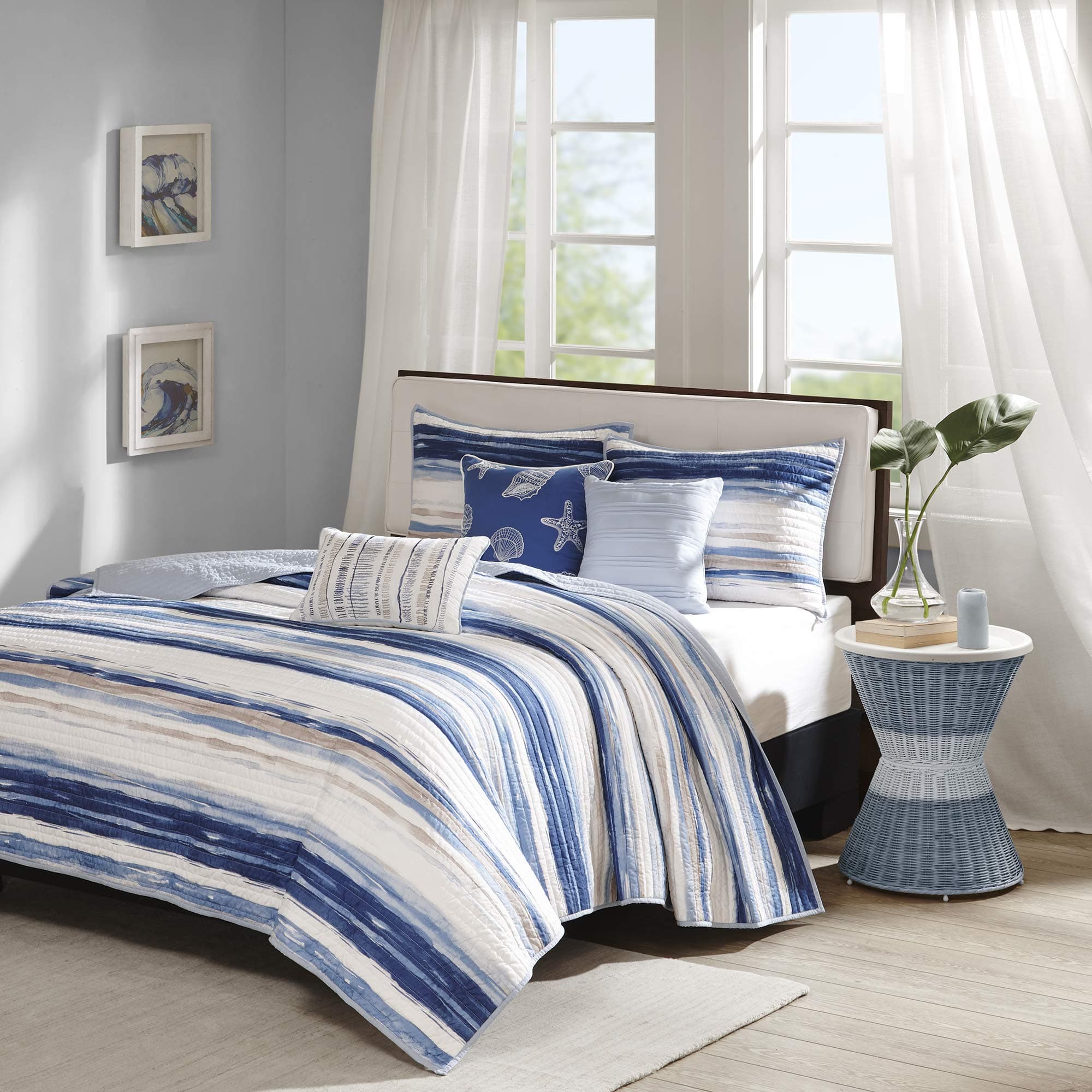 Quilt Set Cottage Coastal Design, 6 Piece Set - All Season, Coverlet Bedspread Lightweight Bedding Layer, Shams, Toss Pillows, Full/Queen(90"x90"), Blue/White