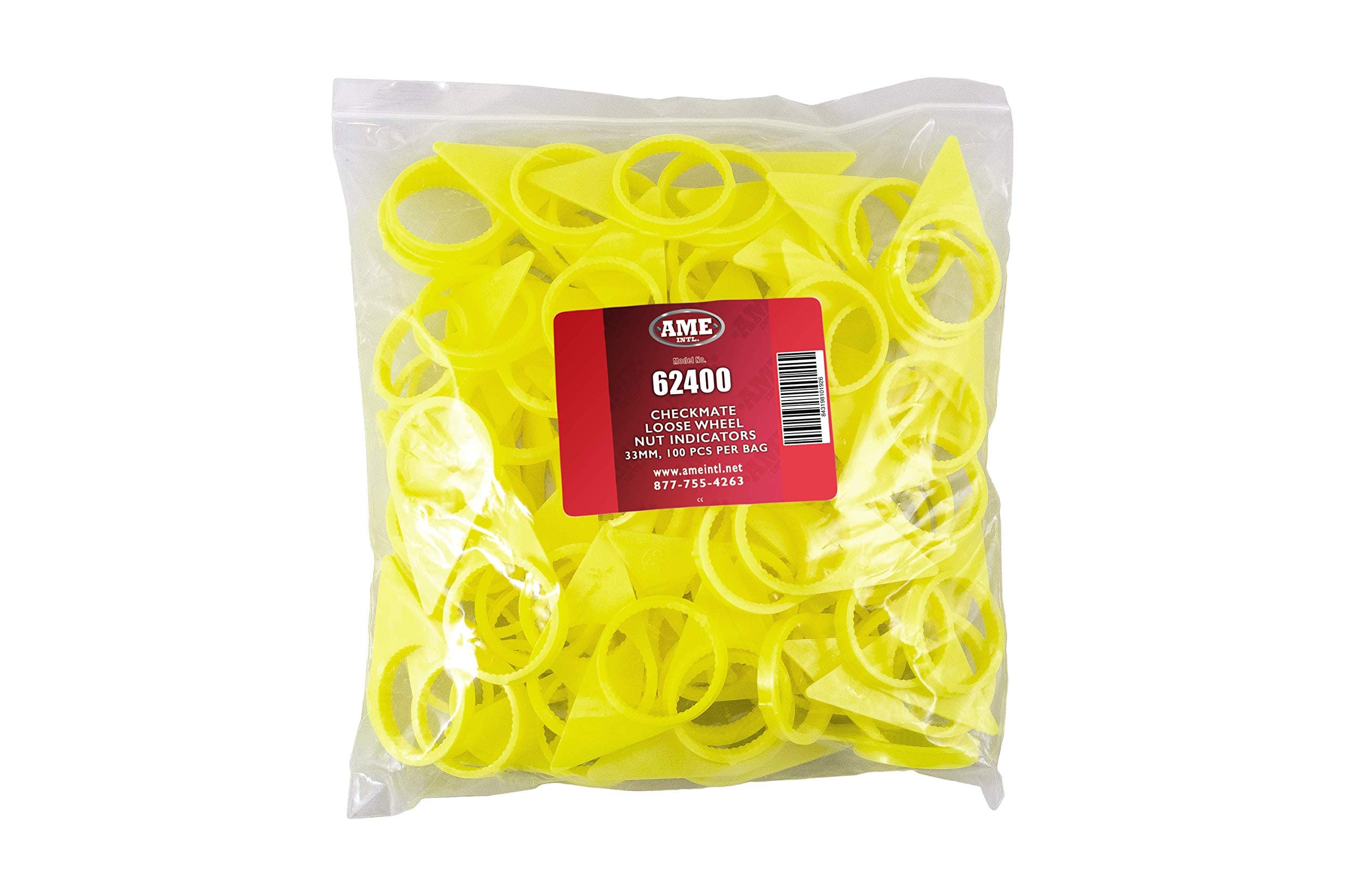 AME INTL 62400-200 Checkmate Wheel Nut Indicator 33mm – 22mm Studs, Yellow, 200-Pack, Loose Lug Alert