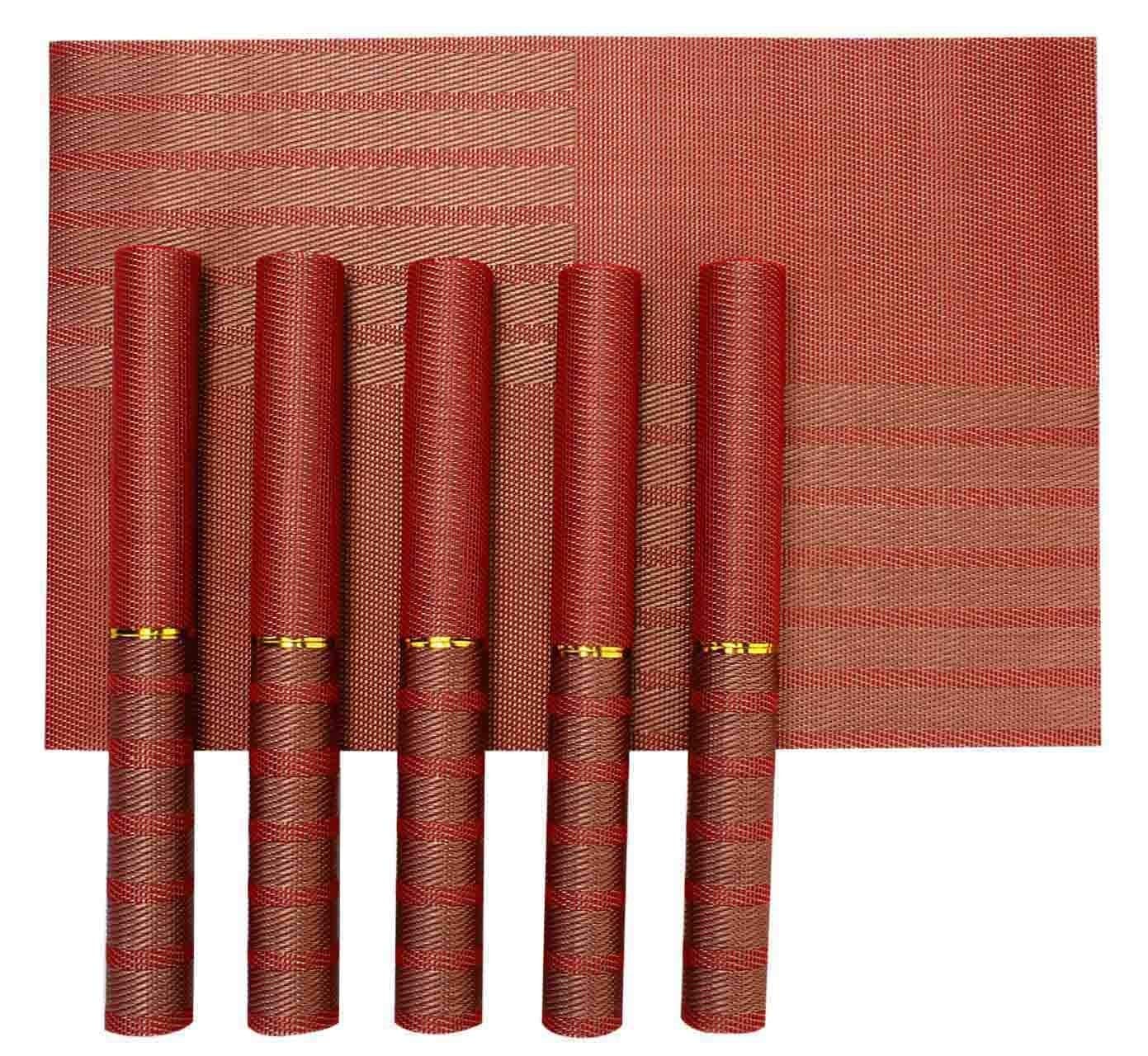 EMONO PVC Placemats/Mat for Dining Table Kitchen (Set of 6 Piece). Washable, Waterproof, Plastic (45 X 30 cm, Rich Metallic Red Weave)