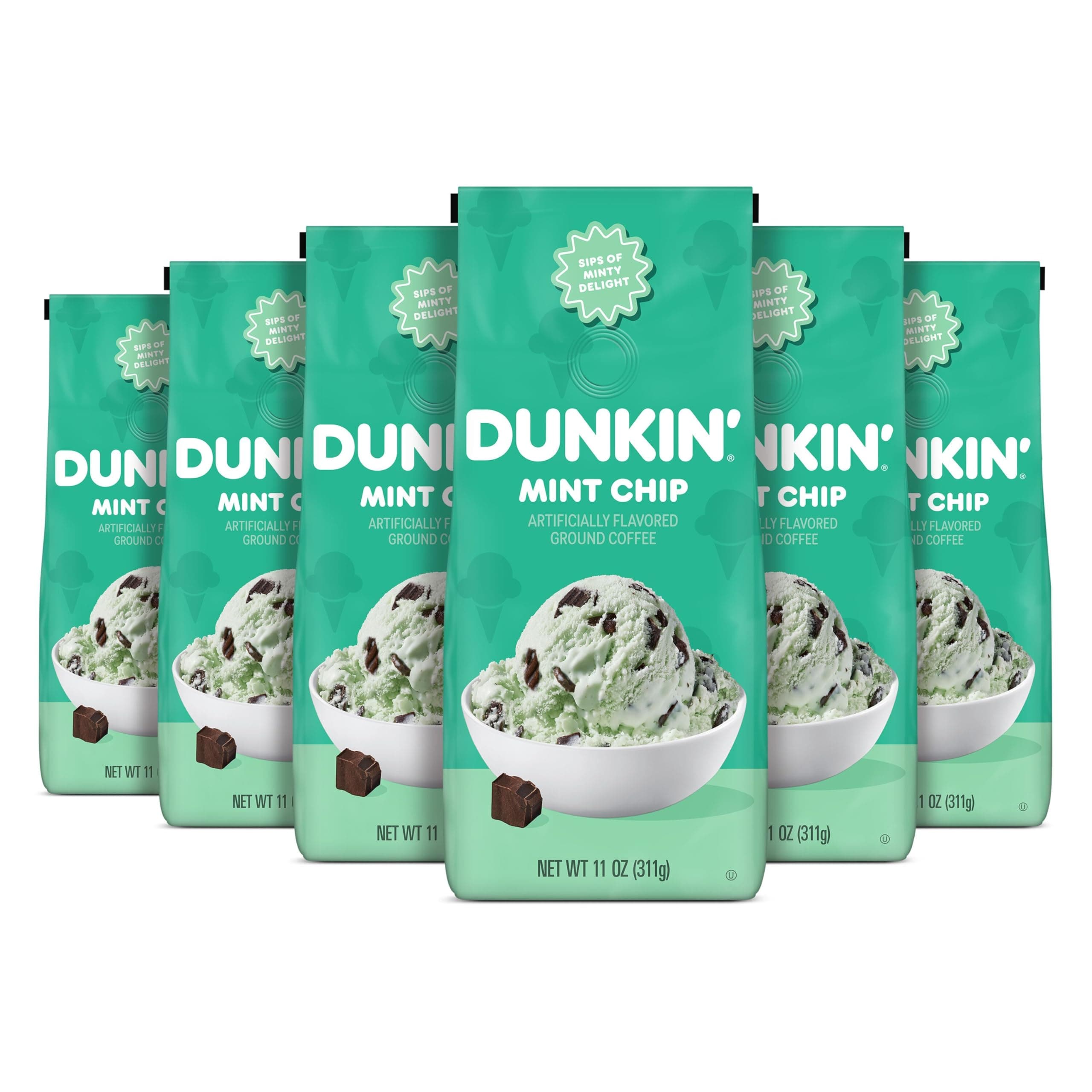 - Dunkin’ Mint Chip Artificially Flavored Coffee, Ground Coffee, 11 Oz. Bag (Pack of 6)