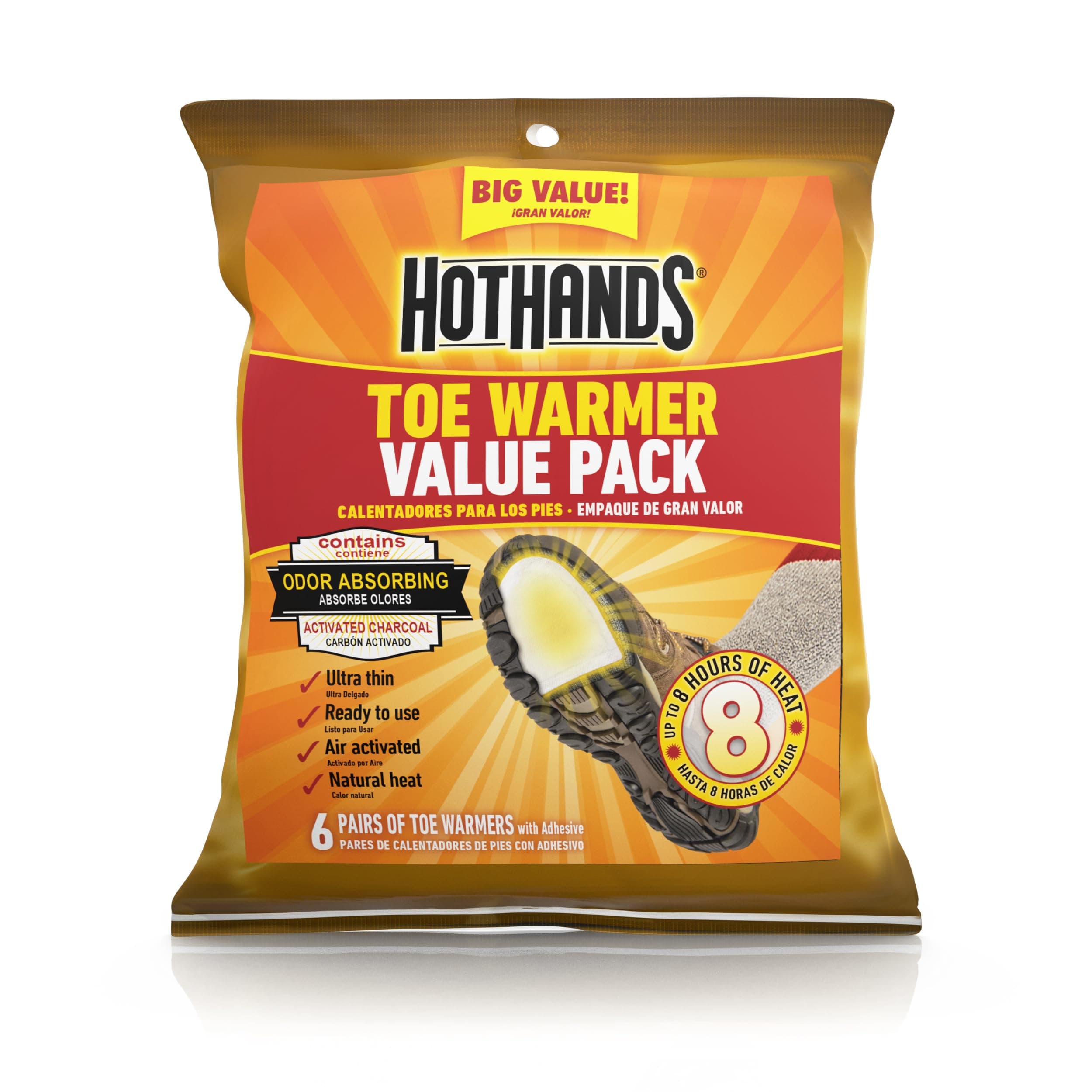 HotHands Toe Warmers - Long Lasting Safe Natural Odorless Air Activated Warmers - Up to 8 Hours of Heat - 6 Pair