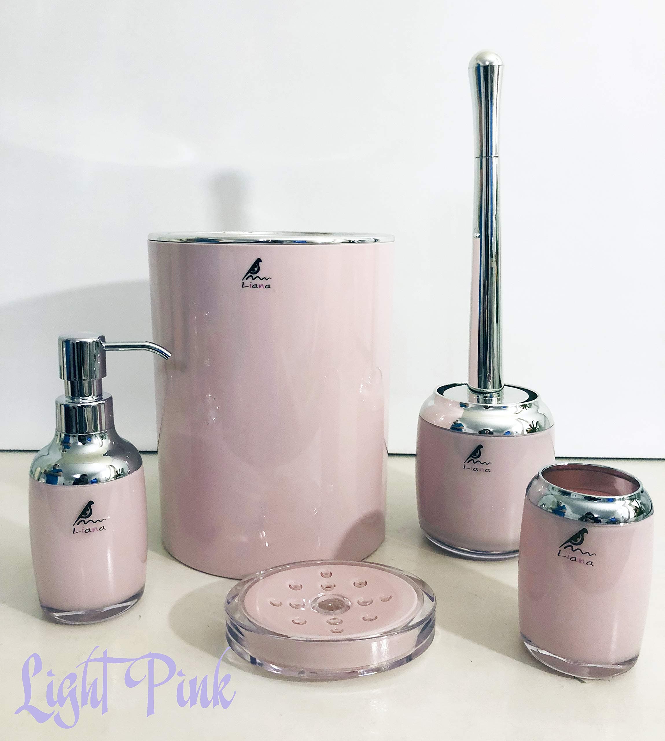 Liana 5-Piece ABS Bathroom accessories set,toothbrush Holder, Soap Dispenser, Soap Dish, Toilet Brush and Holder, Waste Bin (Light Pink)