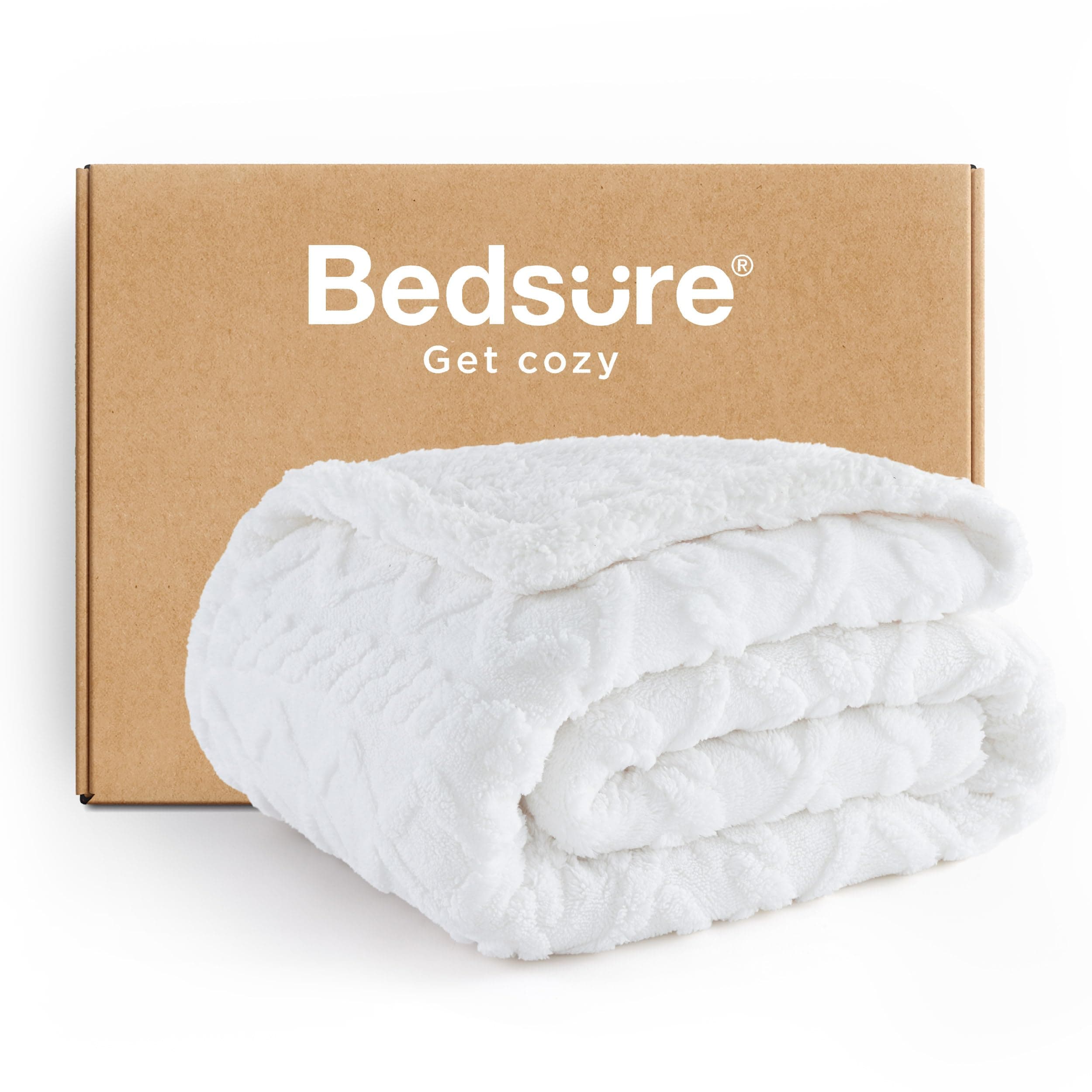 Bedsure Gentlesoft Sherpa Fleece Throw Blanket for Couch - Fluffy & Cozy Cable Jacquard Tufted Throw for Women Gift, Thick and Warm Christmas Blanket for Winter, White, 50x60 Inches