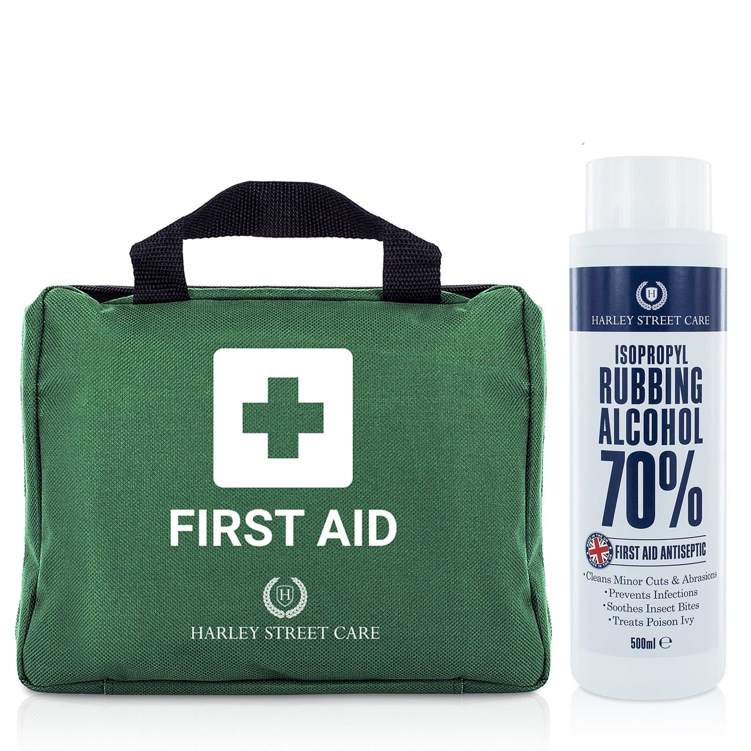 103 Pieces Harley Street Care Professional First Aid Kit & Isopropyl Rubbing Alcohol 70% 500ml, Premium, Compact Emergency Kit For Health & Safety - Includes Eye Wash, 2 Cold Packs, Emergency Blanket