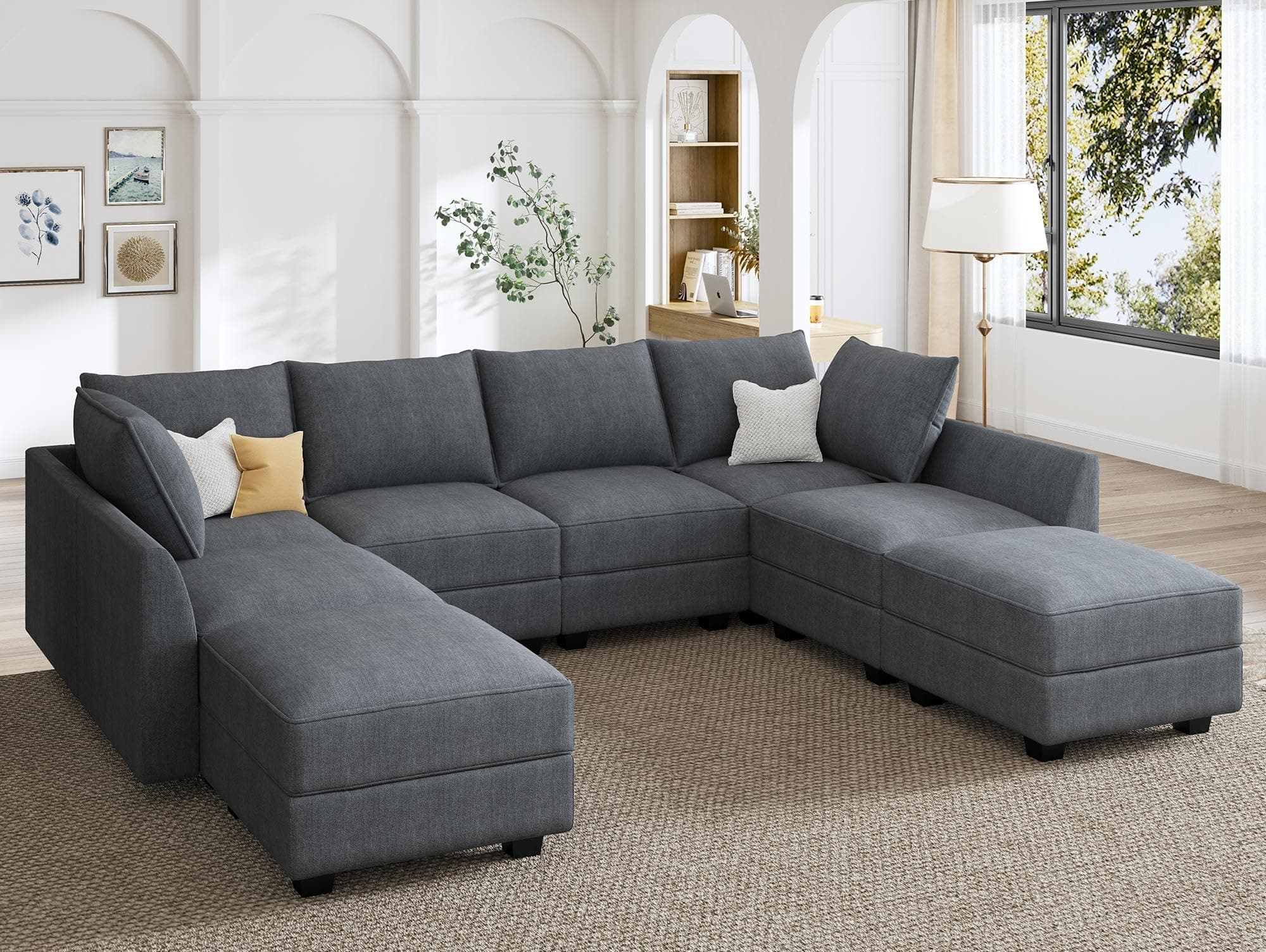 HONBAY Modular Sectional Couch U Shaped Sectional Sofa with Reversible Chaise Modular Sofa Couch with Storage Seat, Bluish Grey