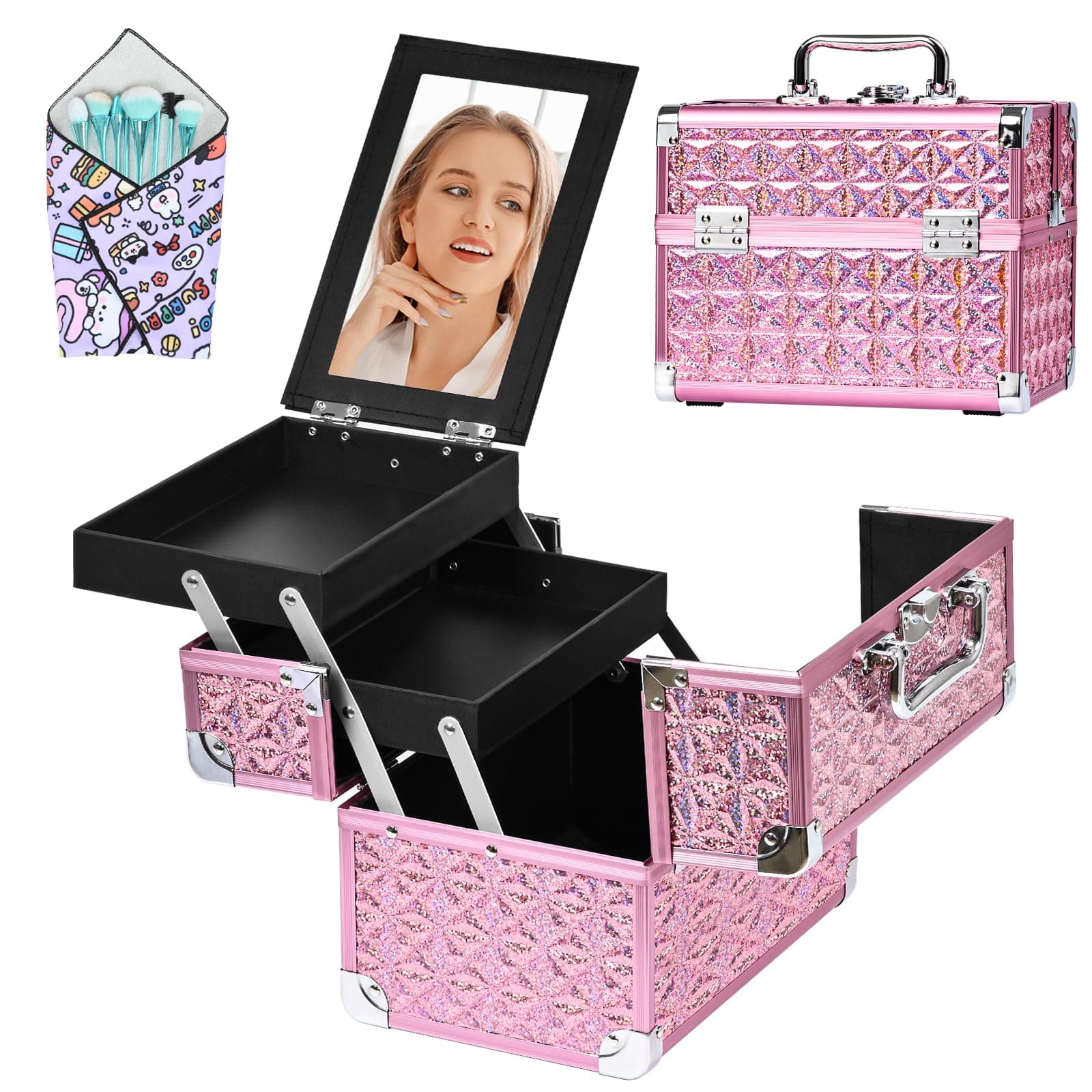 GALHUBIS Makeup Case Organizer,Makeup Train Case, Trays Cosmetic Box Portable, Profesional for Salon Barber,Pink