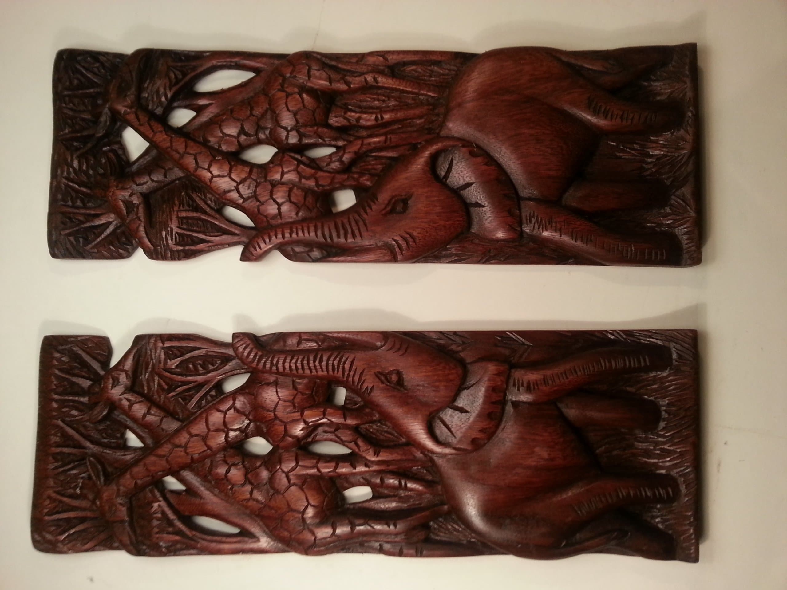 African Wooden Hand Carved Plaque Set of 2 Rectangle Frames: Elephant and 2 Giraffes