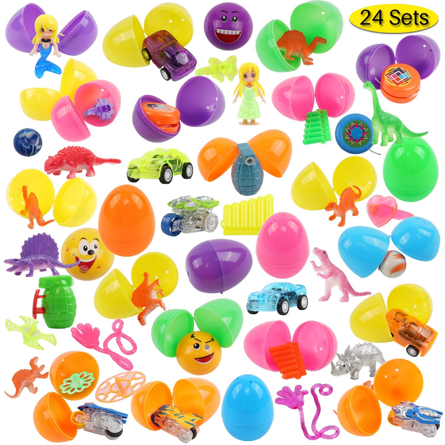FUNNISM 24 Toys Filled Surprise Eggs, 2.5 Inches Bright Colorful Prefilled Plastic Surprise Eggs with 12 Kinds of Popular Toys