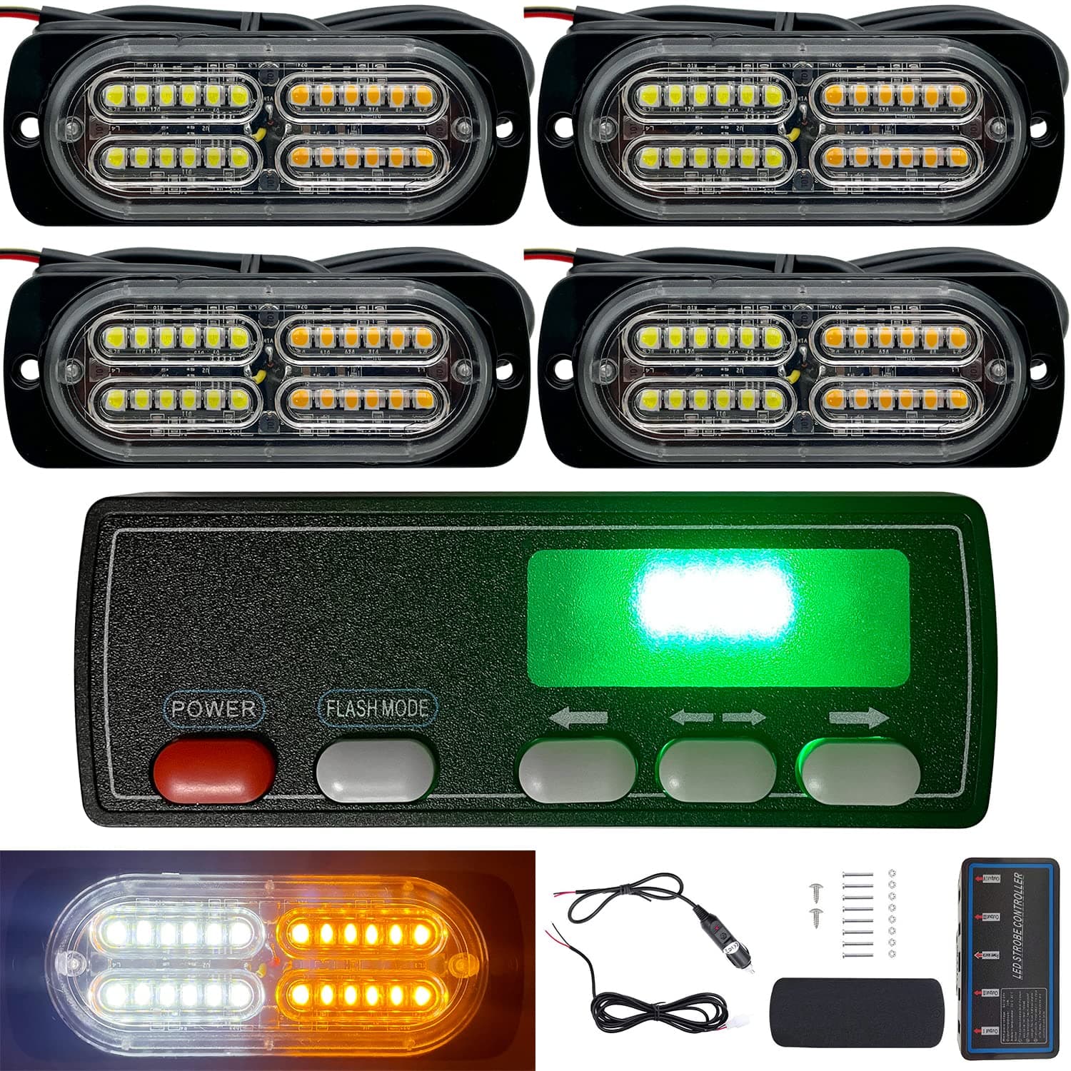 24 Led Strobe Lights for Trucks Cars Pickups Construction Emergency Vehicle 12-24v Waterproof Amber Strobe MINI Light with 16 Different Flashing 4PCS (White Amber)