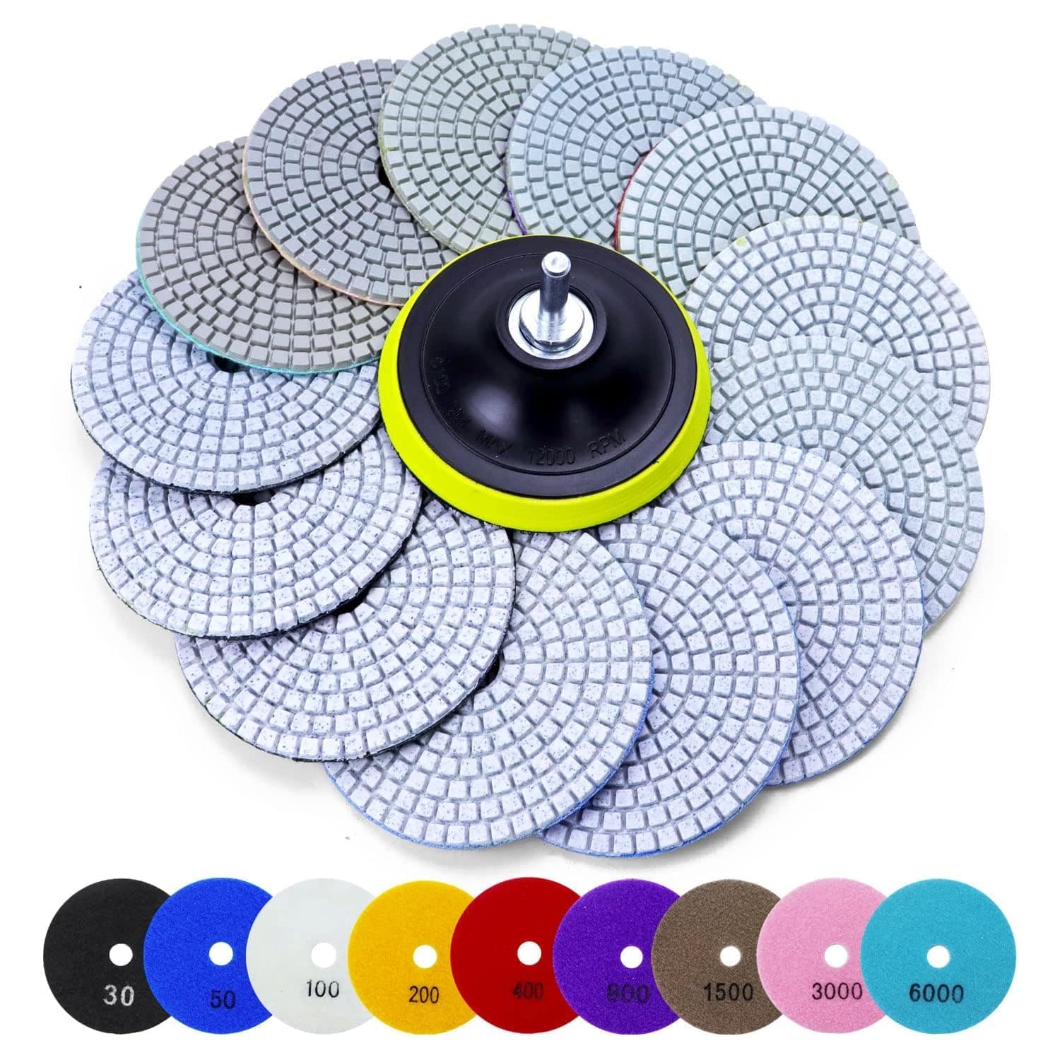 16PCS Diamond Polishing Pads Wet Dry Grinding Kit 4 Inch Hook and Loop Diamond Pad 30-6000 Grit With 5/8''-11 Thread Backer Plate for Concrete Marble Quartz Stone Granite Countertop & Tile Polishing