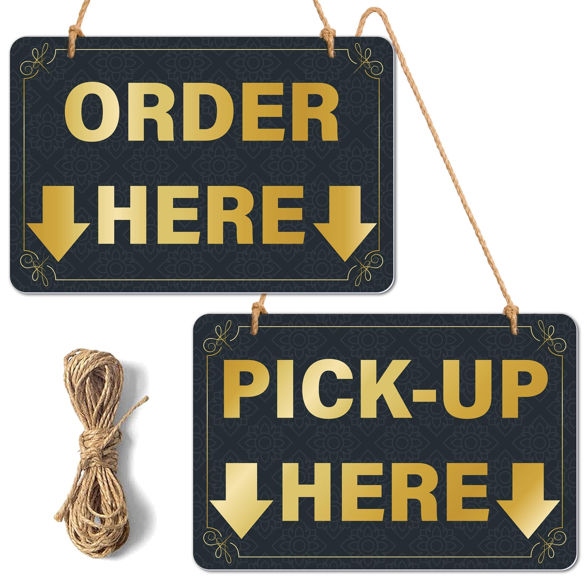 Lesnala 4Pcs Double-Sided Order Pick up Here Signs with A Twines for Restaurants Cafes and Bars Bakery Ice Cream Stand Kiosk Retail Decor 7.87 X 11.81inch Black PVC