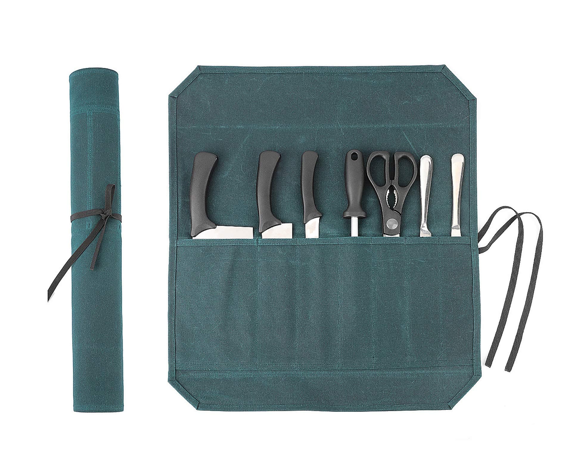 DenifiterHeavy Duty Waxed Canvas Chef Knife Storage Roll Bag with 7 Slots, Knife Roll Waterproof and Durable (Dark Green)