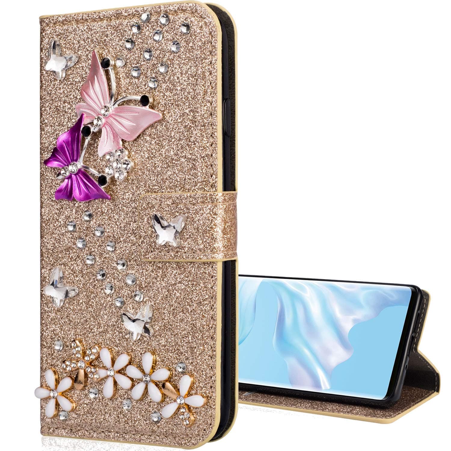 Nadoli Bling Case for iPhone 11 Pro Max 6.5",Shiny Glitter Diamond Wallet Case with Kickstand Card Slots Magnetic Closure Butterfly Flower Flip Leather Case for iPhone 11 Pro Max 6.5",Gold