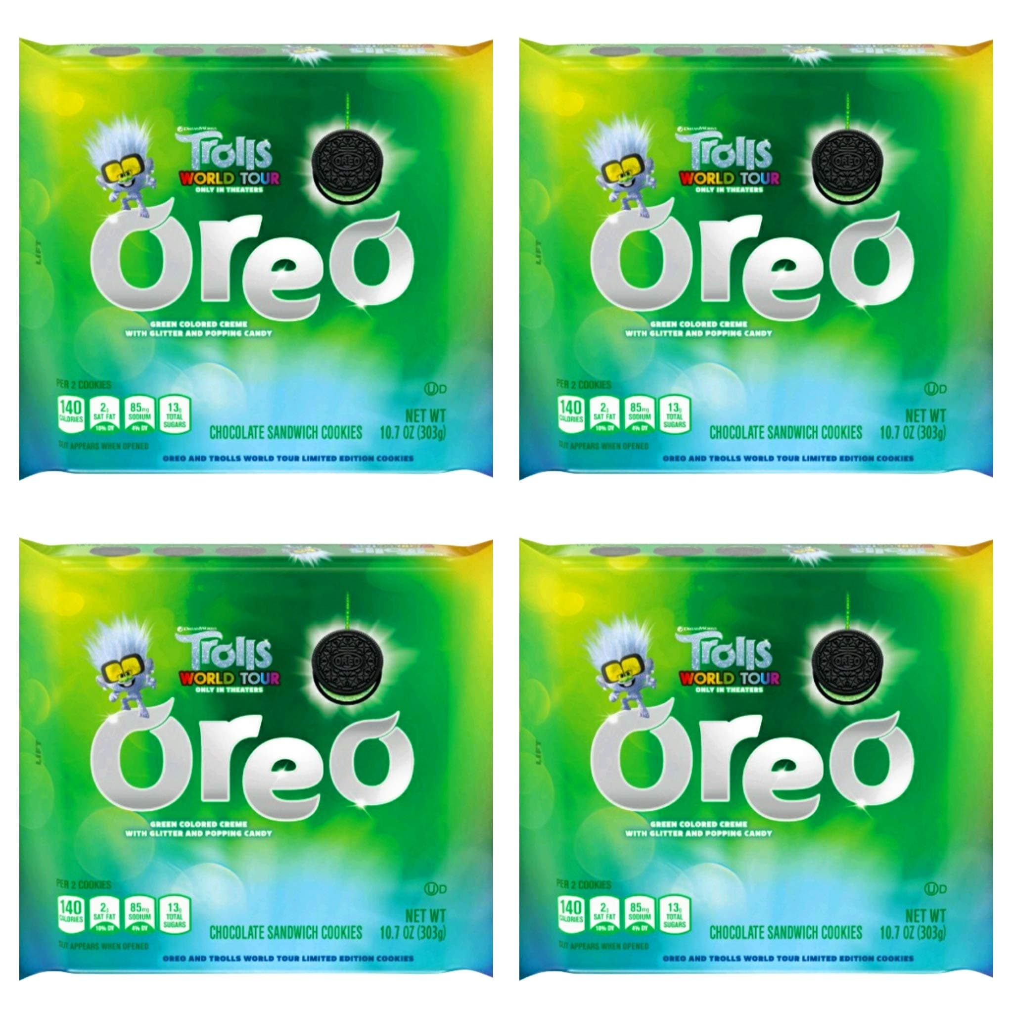 Oreo Trolls World Tour Chocolate Sandwich Cookies with Green Colored Creme and Glitter with Popping Candy - Pack of 4 Bags - 10.7 oz Per Bag - 42.8 oz Total of Bulk Trolls Oreos