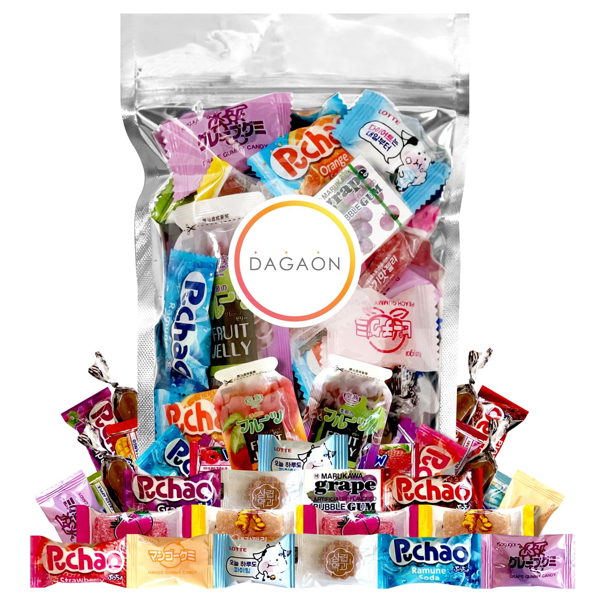 Japanese Korean Chewy Soft Candy - 40 Pieces. Variety of Long Lasting Fruits Flavored from Japan and Korea. Taffy, Jelly, Gummy, Gum. Individually Wrapped.