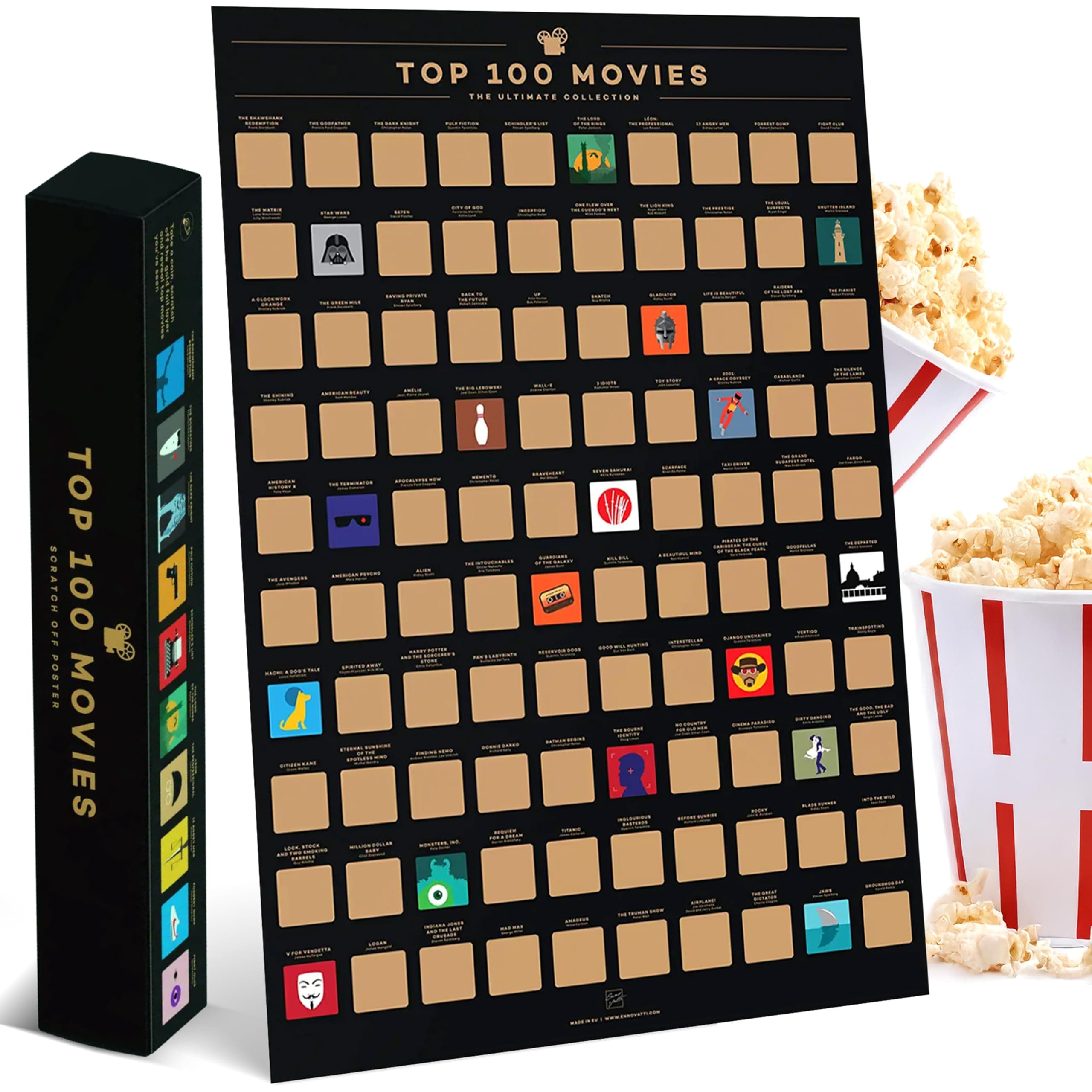 Enno Vatti Top 100 Movies Scratch Off Poster - Bucket List of Best Films - 100 Movie Scratch Off Poster (16.5" x 23.4") - Including Top 100 Movies Posters - Gift for Movie Lovers