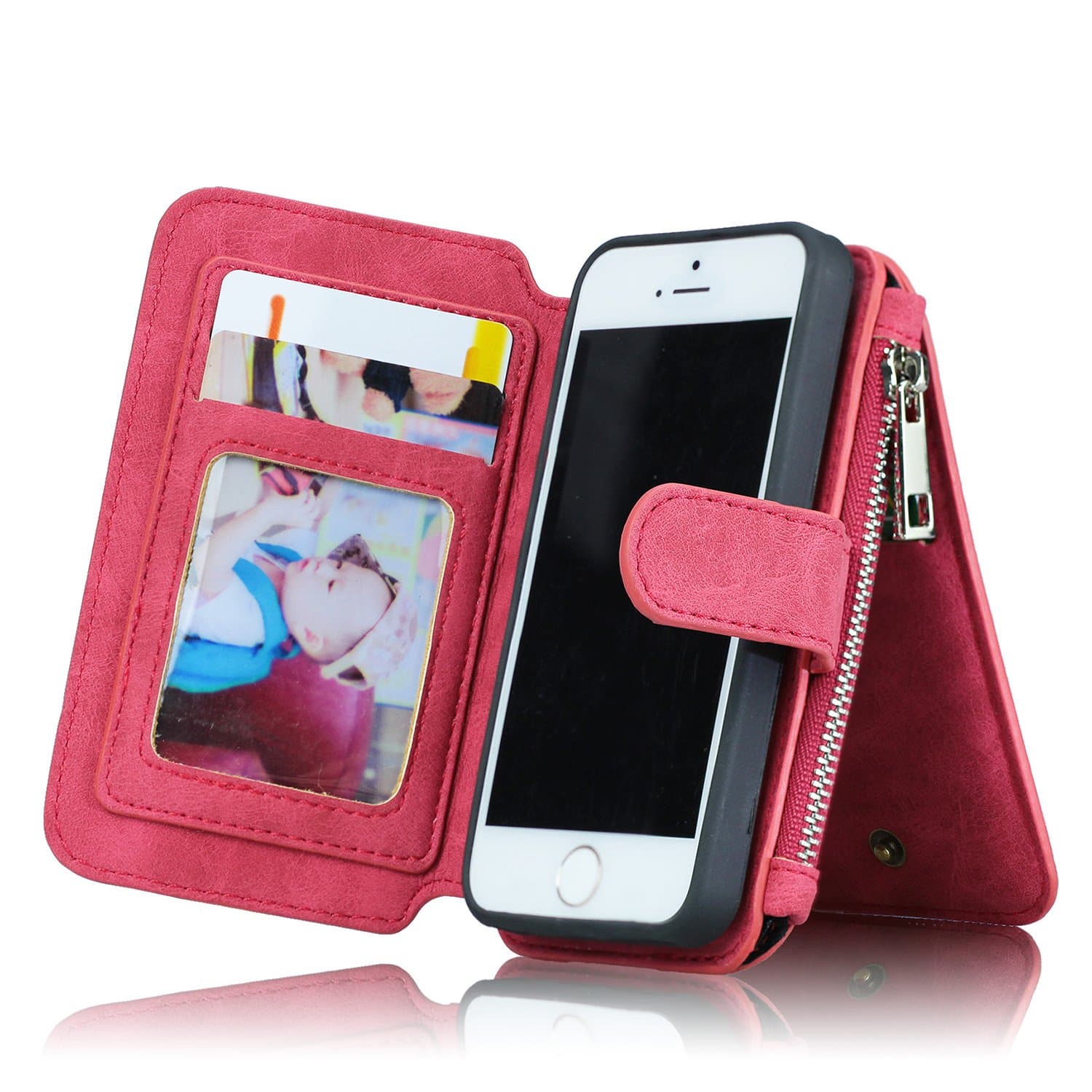 For iPhone 5/5s 5se Wallet Case, MEGSHI Premium Zipper Wallet Leather Detachable Magnetic Case Purse Clutch Removable Case Card Slots Flip Credit Cover for iPhone 5/5s 5se 4 inch (Red)