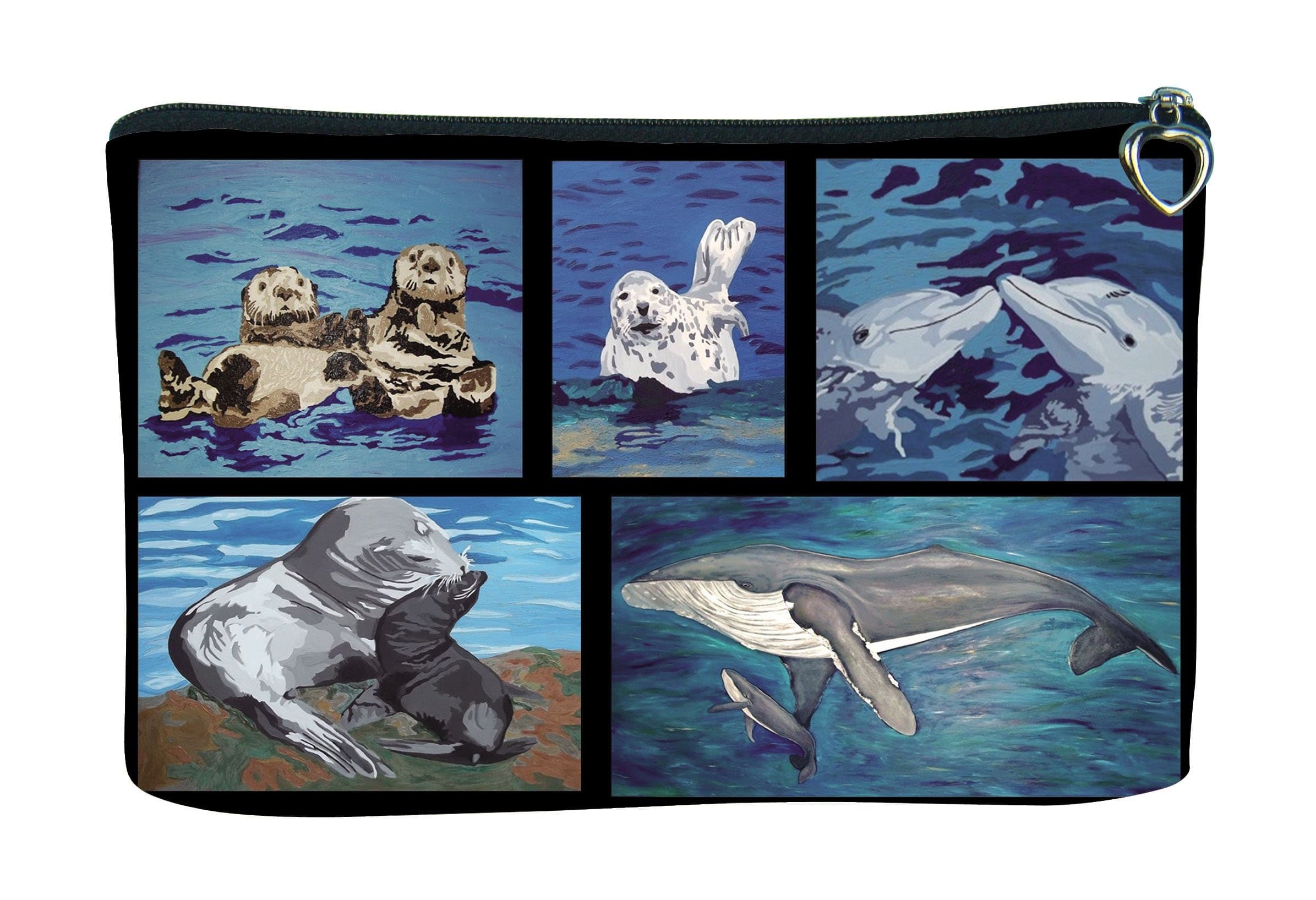 Cosmetic Bag, Zipper Pouch - Zip-top Closer - Taken From My Original Paintings - Animals (Aquatic Patchwork)