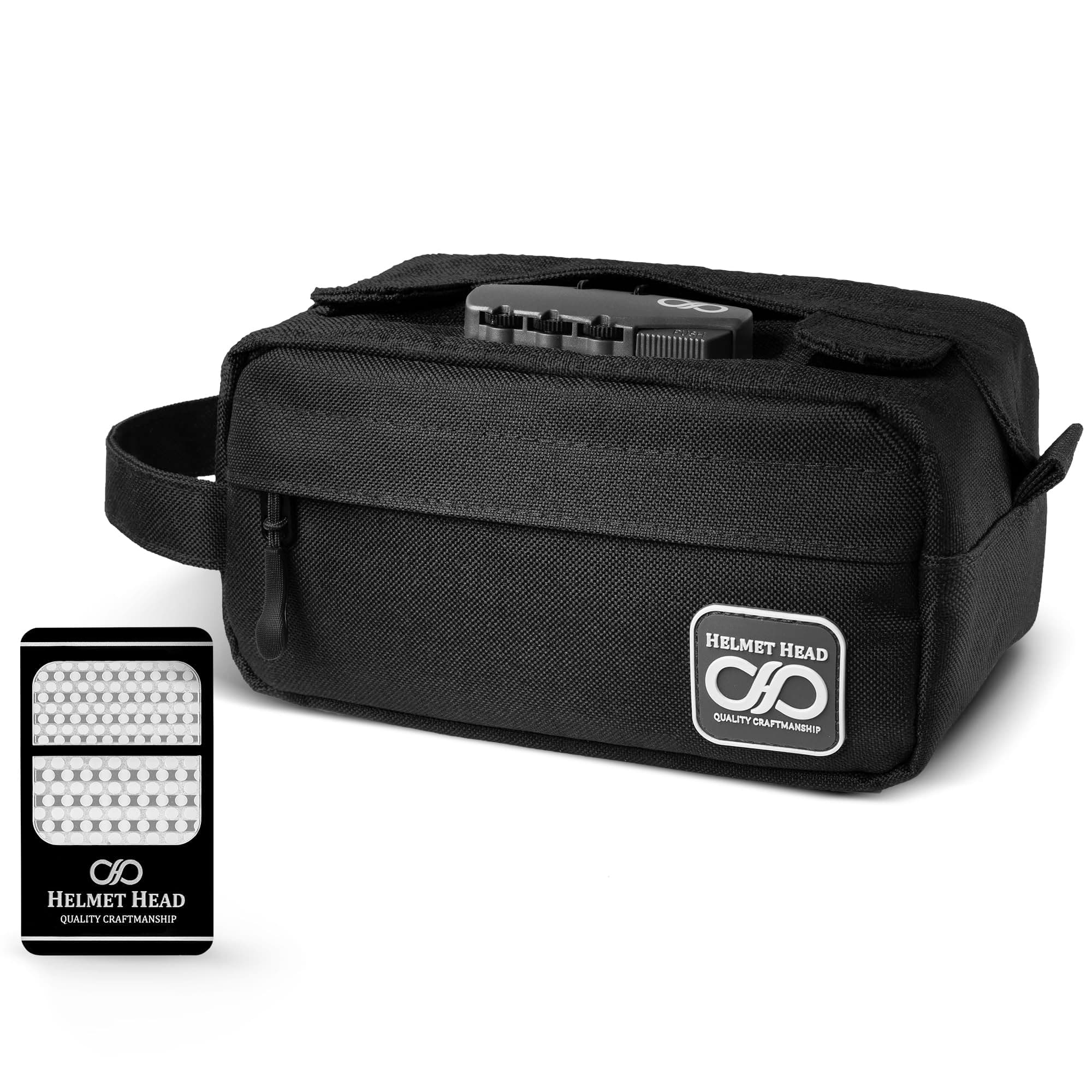 HELMET HEAD Smell Proof Bag, Water Repellent Stash Box, Compact Travel Bag with Combination Lock and Grinder Card For Your Mason Jars, Mylar Bags and Herbs (Black)