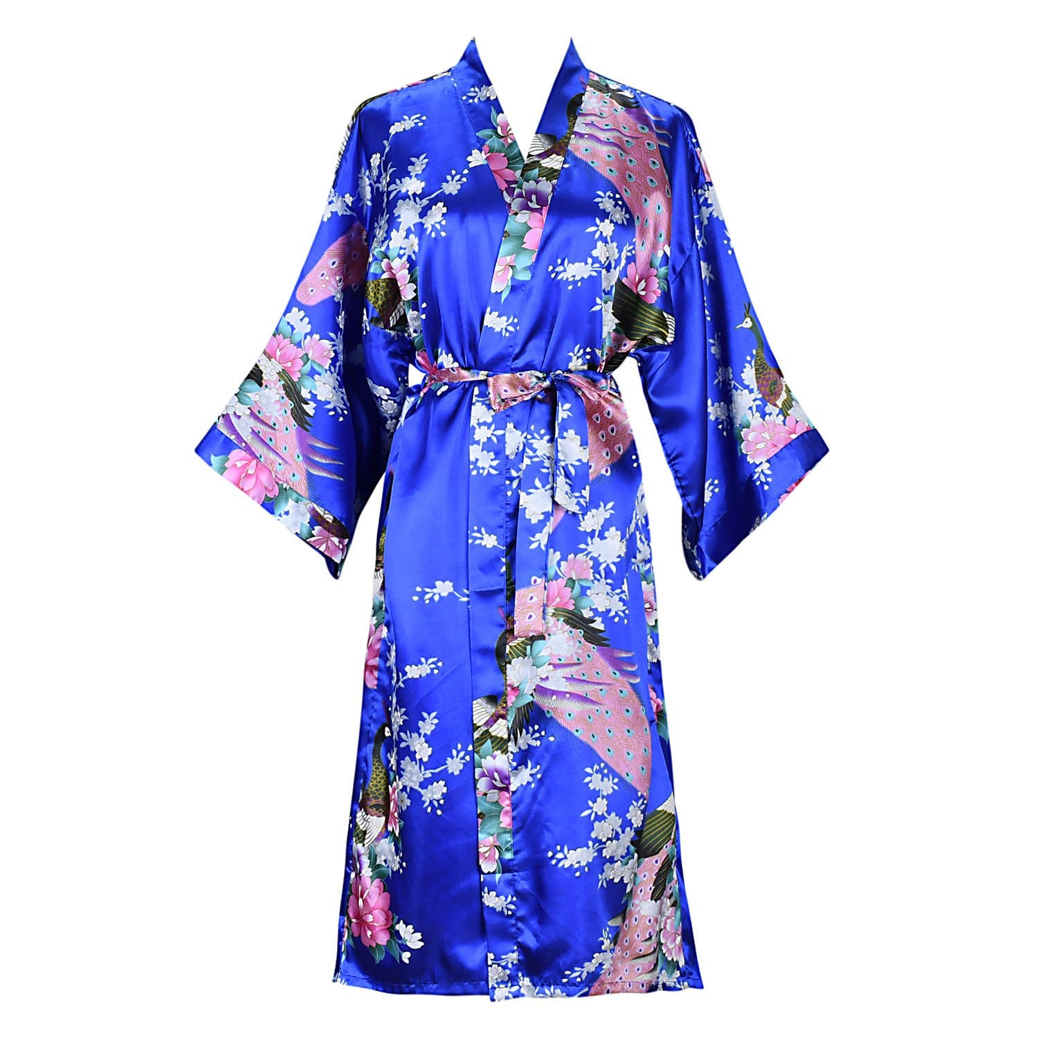 ELLENWELL Women Kimono Robe Silk Pajamas Loungewear Peacock Satin Nightwear